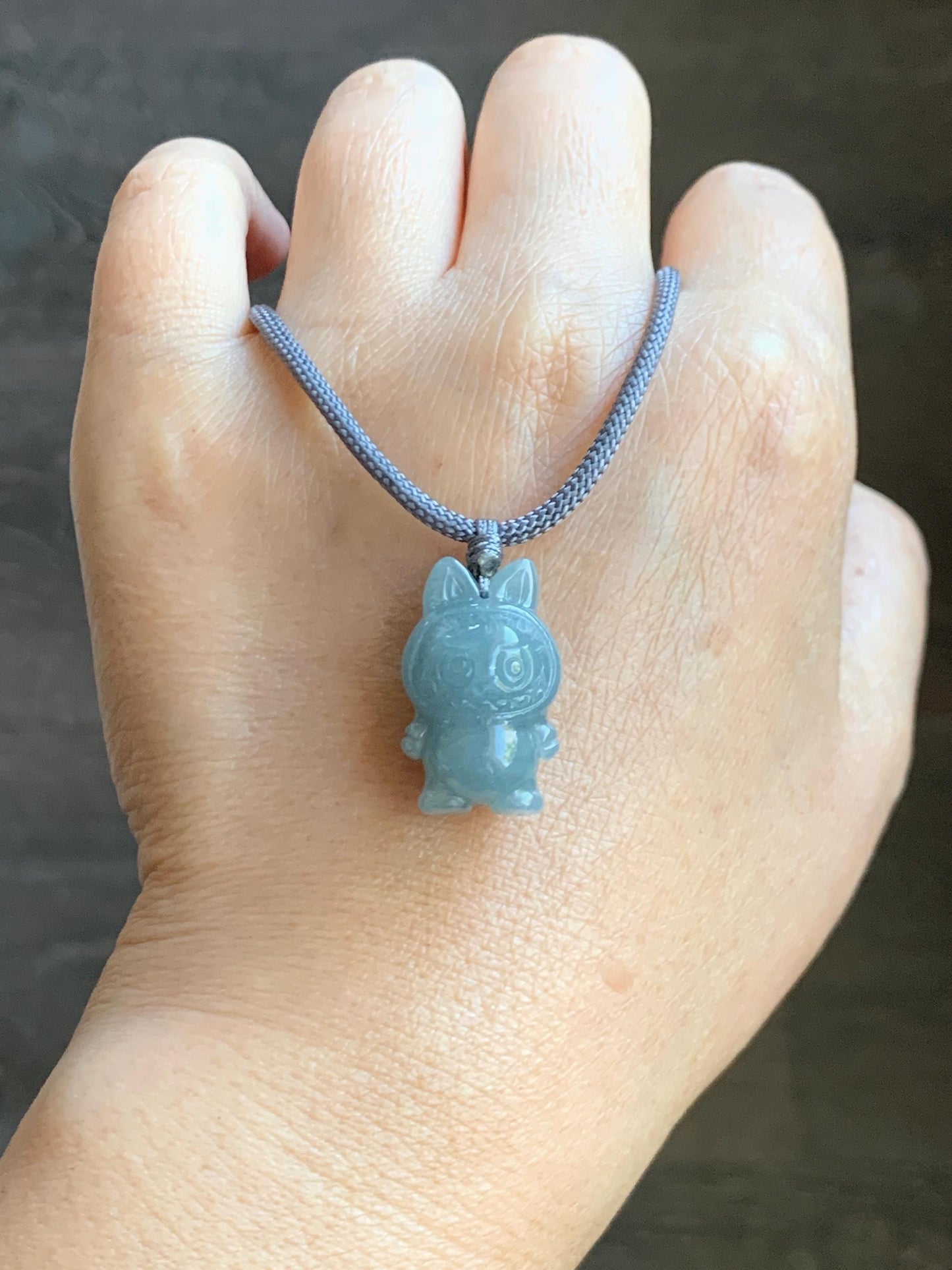 Natural Grade A Icy Translucent Dusty Blue Jade Jadeite Carved Monster Plush Pendant Rope Necklace 26” 9g 天然冰胶灰蓝底翡翠吊坠 DLBB88