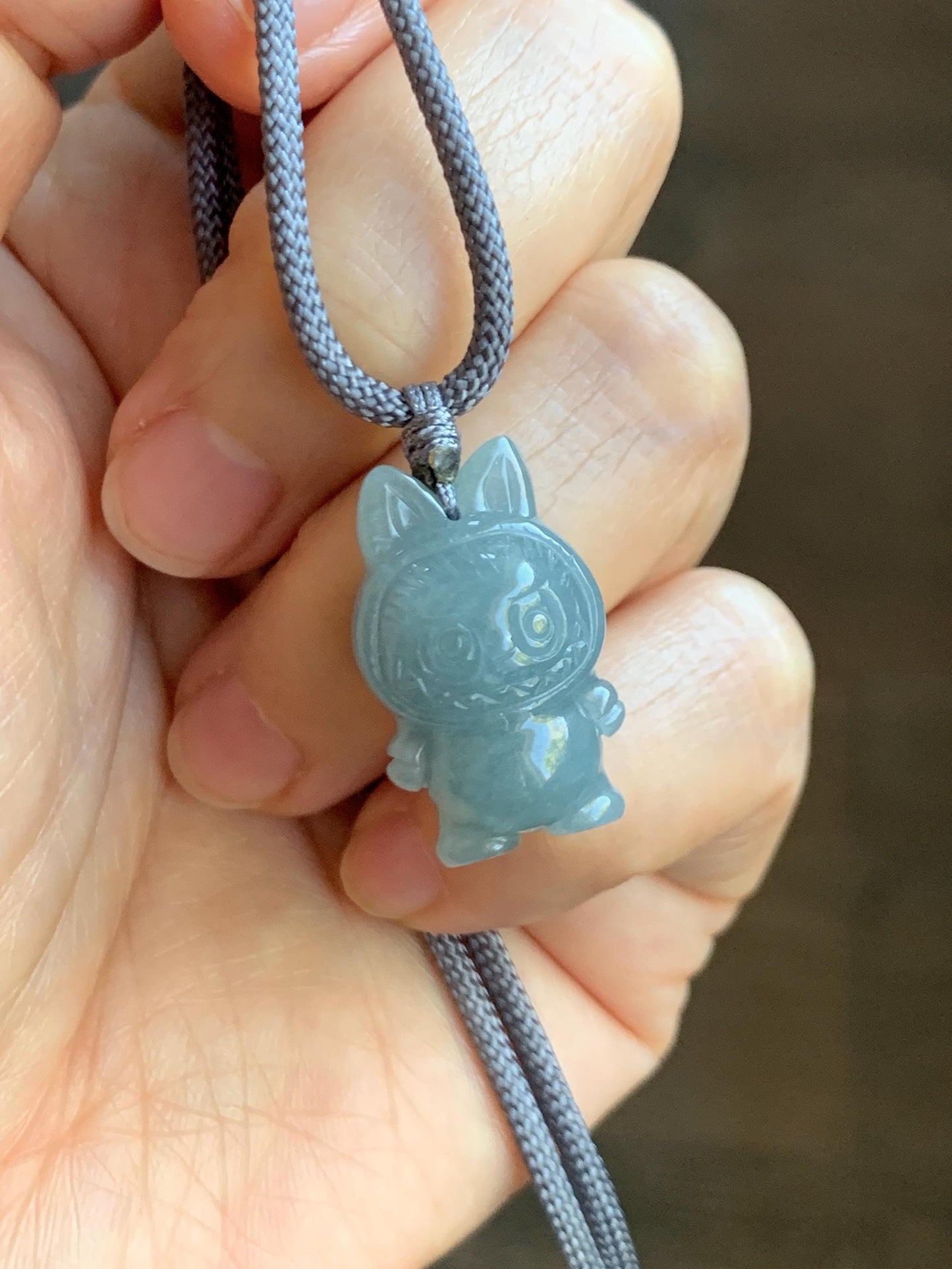 Natural Grade A Icy Translucent Dusty Blue Jade Jadeite Carved Monster Plush Pendant Rope Necklace 26” 9g 天然冰胶灰蓝底翡翠吊坠 DLBB88