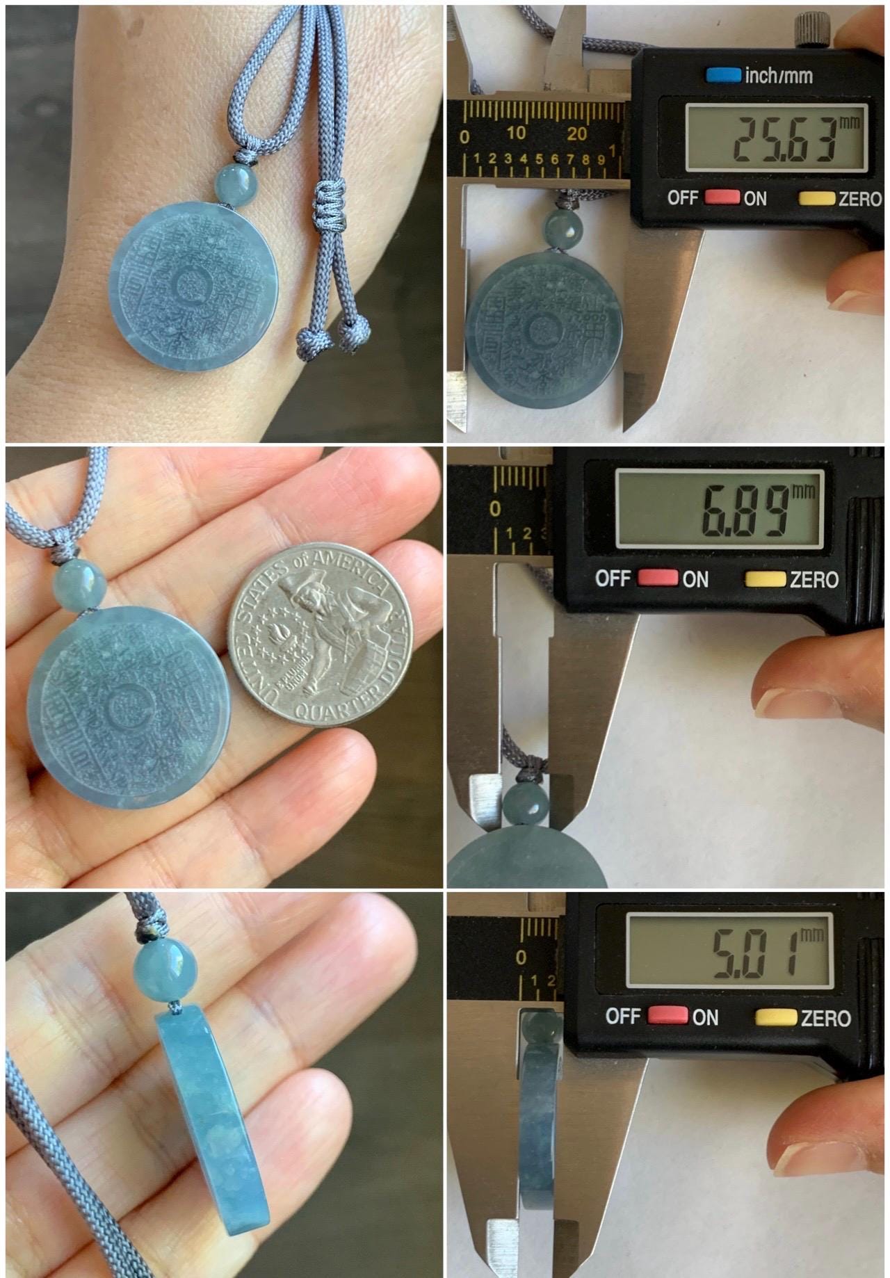 Natural Guatemalan Icy Translucent Dusty Blue Jade Jadeite Mountain Ghost Eight Trigrams Coin Pendant Rope Necklace 天然冰危浅蓝翡翠精工山鬼币吊坠 ZWSG81