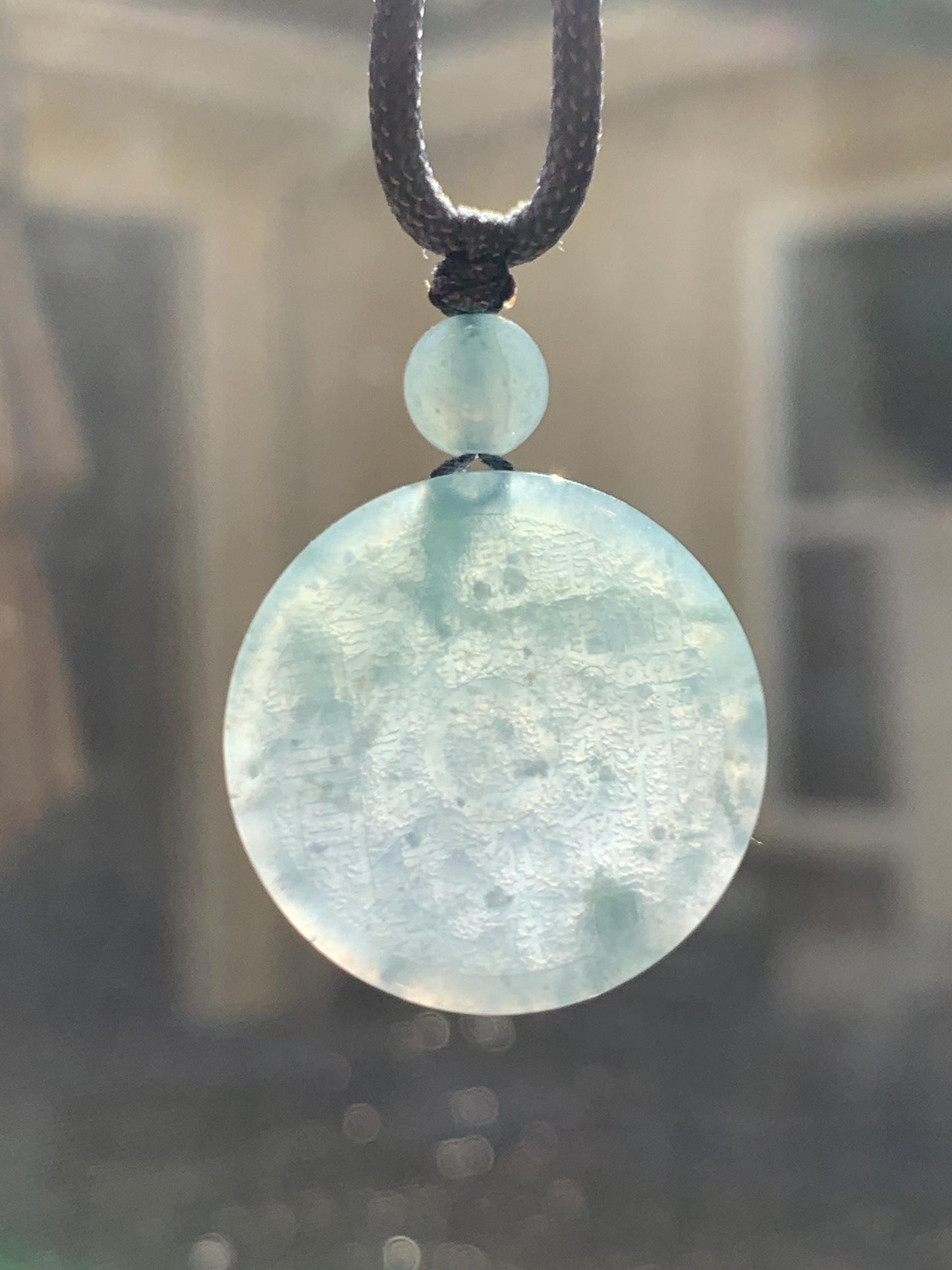 Natural Guatemalan Icy Translucent Dusty Blue Jade Jadeite Mountain Ghost Eight Trigrams Coin Pendant Rope Necklace 天然冰危浅蓝翡翠精工山鬼币吊坠 ZWSG81