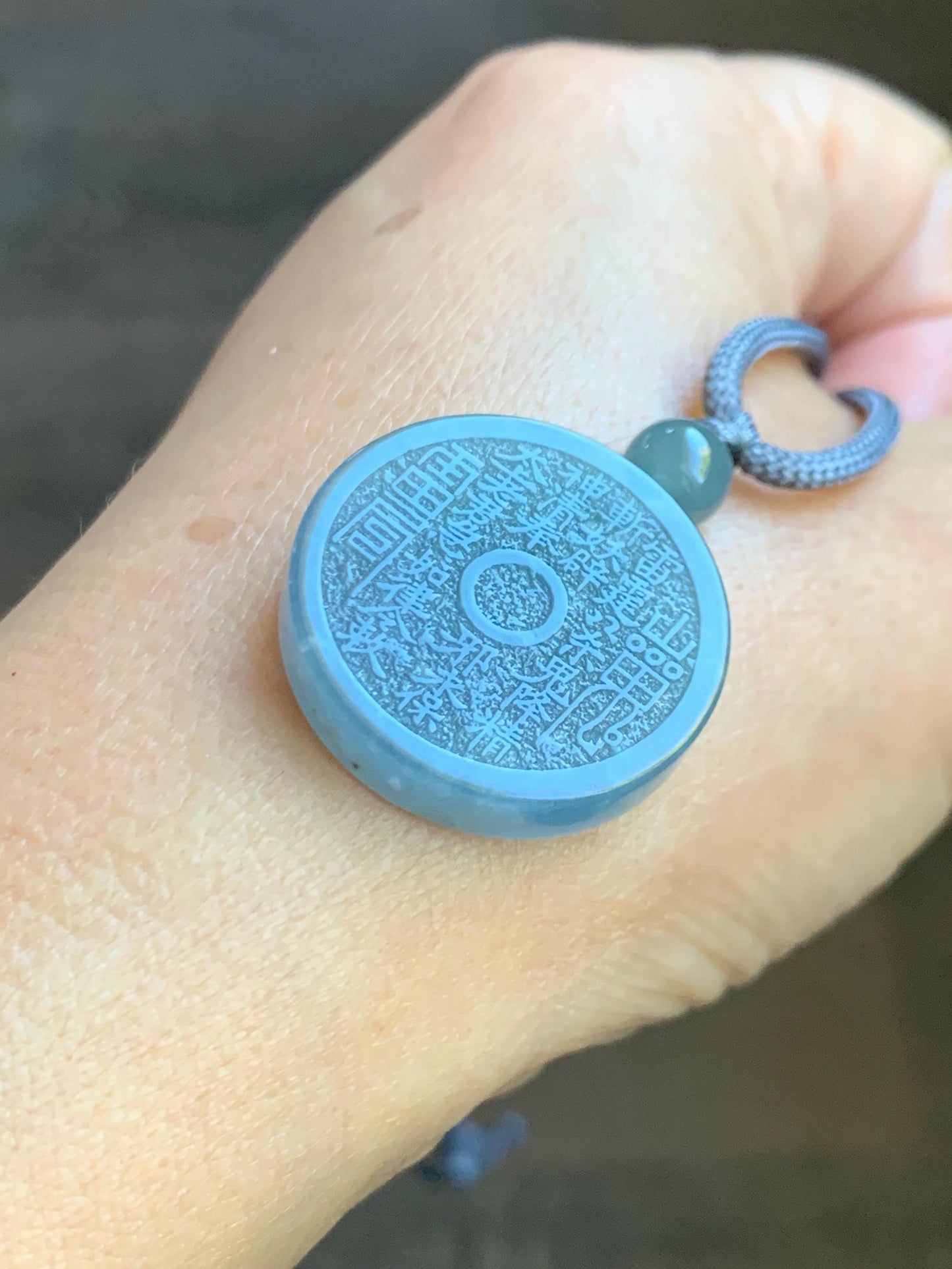 Natural Guatemalan Icy Translucent Dusty Blue Jade Jadeite Mountain Ghost Eight Trigrams Coin Pendant Rope Necklace 天然冰危浅蓝翡翠精工山鬼币吊坠 ZWSG81