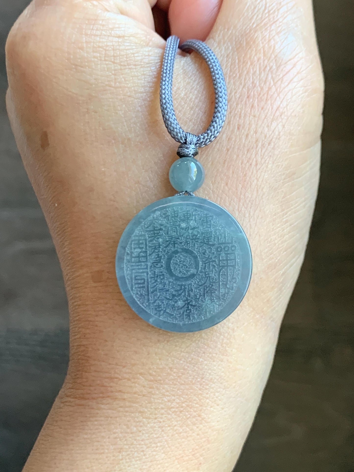 Natural Guatemalan Icy Translucent Dusty Blue Jade Jadeite Mountain Ghost Eight Trigrams Coin Pendant Rope Necklace 天然冰危浅蓝翡翠精工山鬼币吊坠 ZWSG81