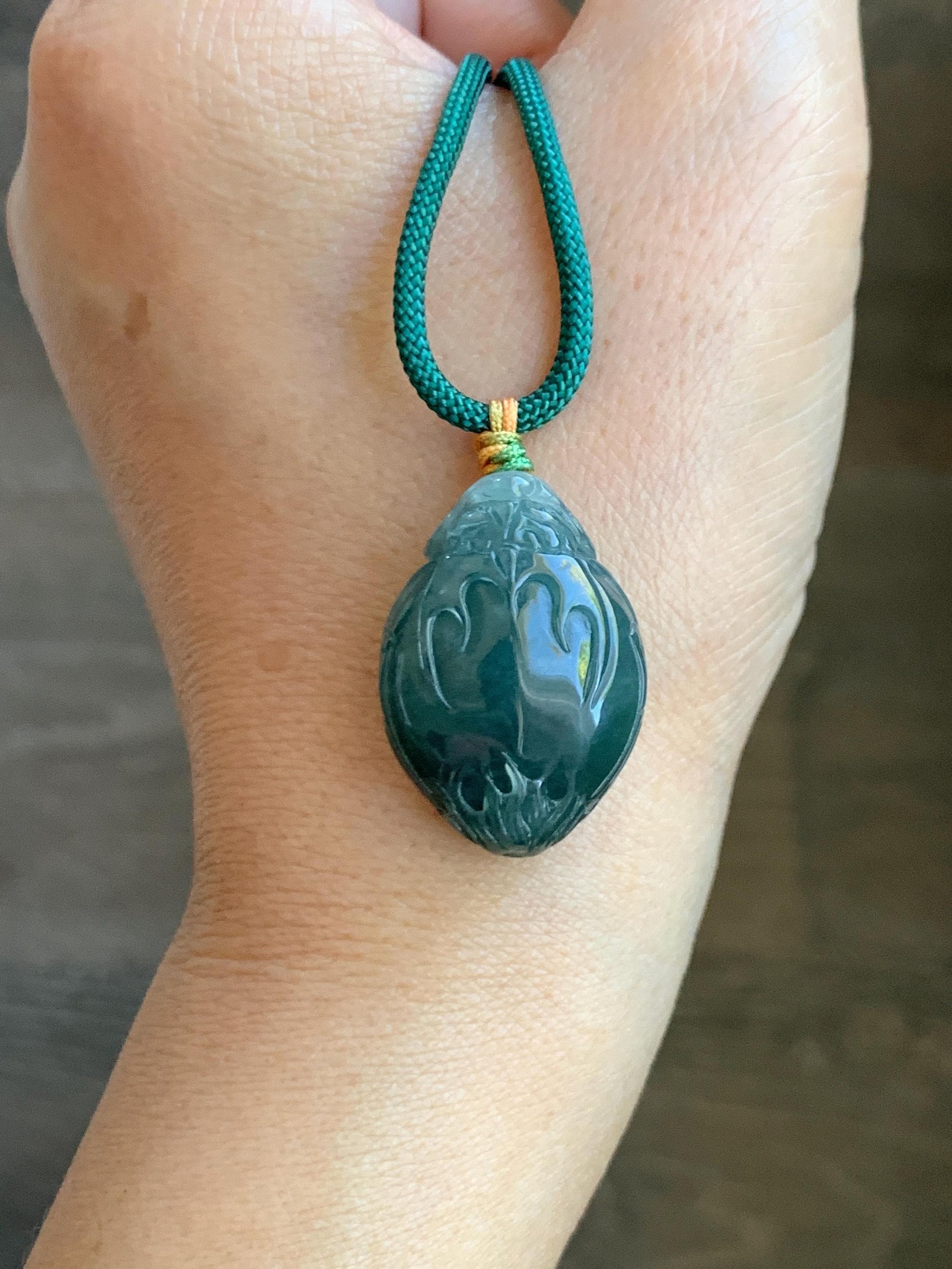 Natural Grade A Guatemalan Icy Translucent Dark Teal Blue Jade Jadeite Dragon Turtle Pendant Rope Necklace 25” 12g 天然冰危糯冰深蓝翡翠龙龟吊坠 SWLG88