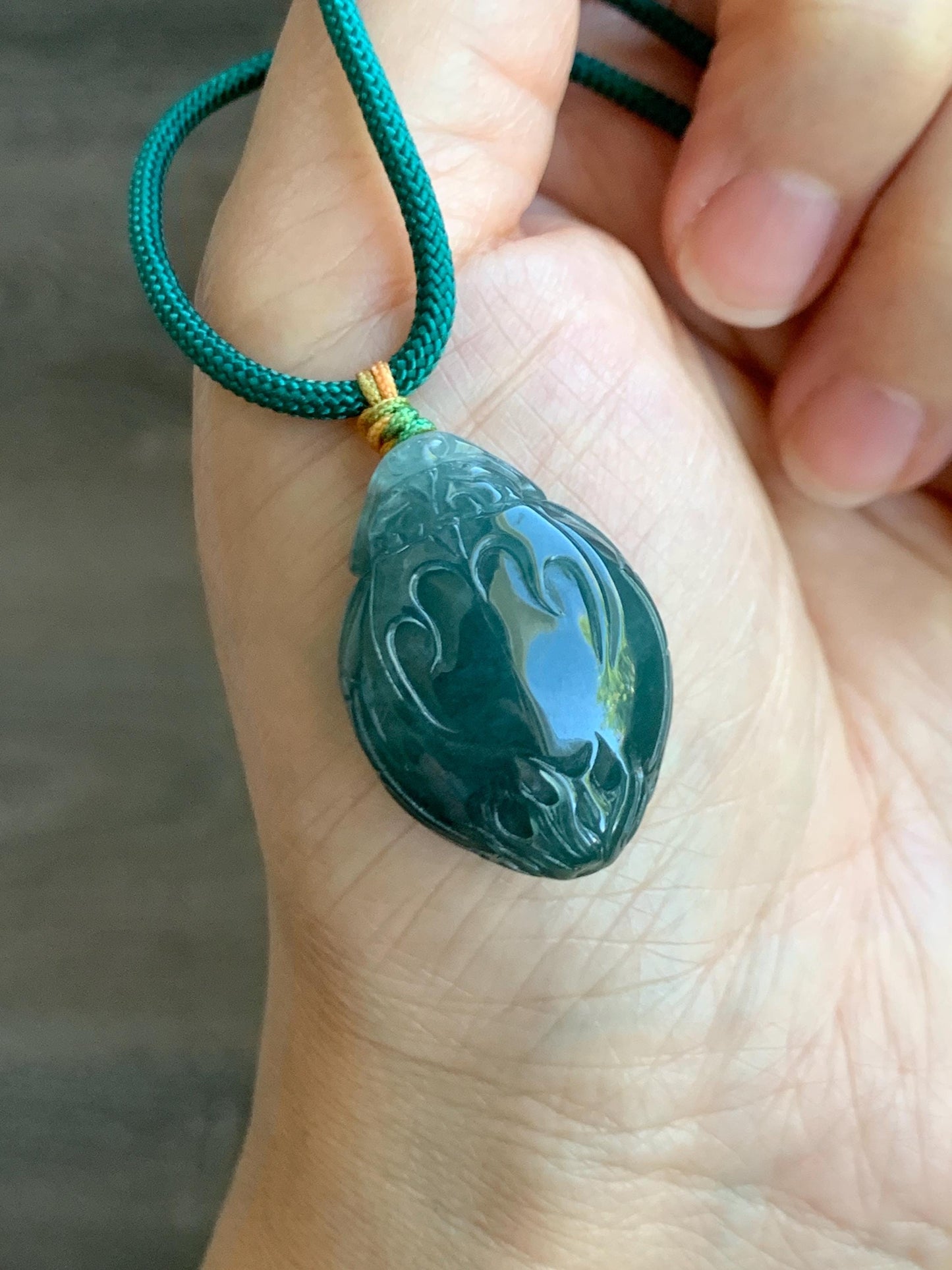 Natural Grade A Guatemalan Icy Translucent Dark Teal Blue Jade Jadeite Dragon Turtle Pendant Rope Necklace 25” 12g 天然冰危糯冰深蓝翡翠龙龟吊坠 SWLG88