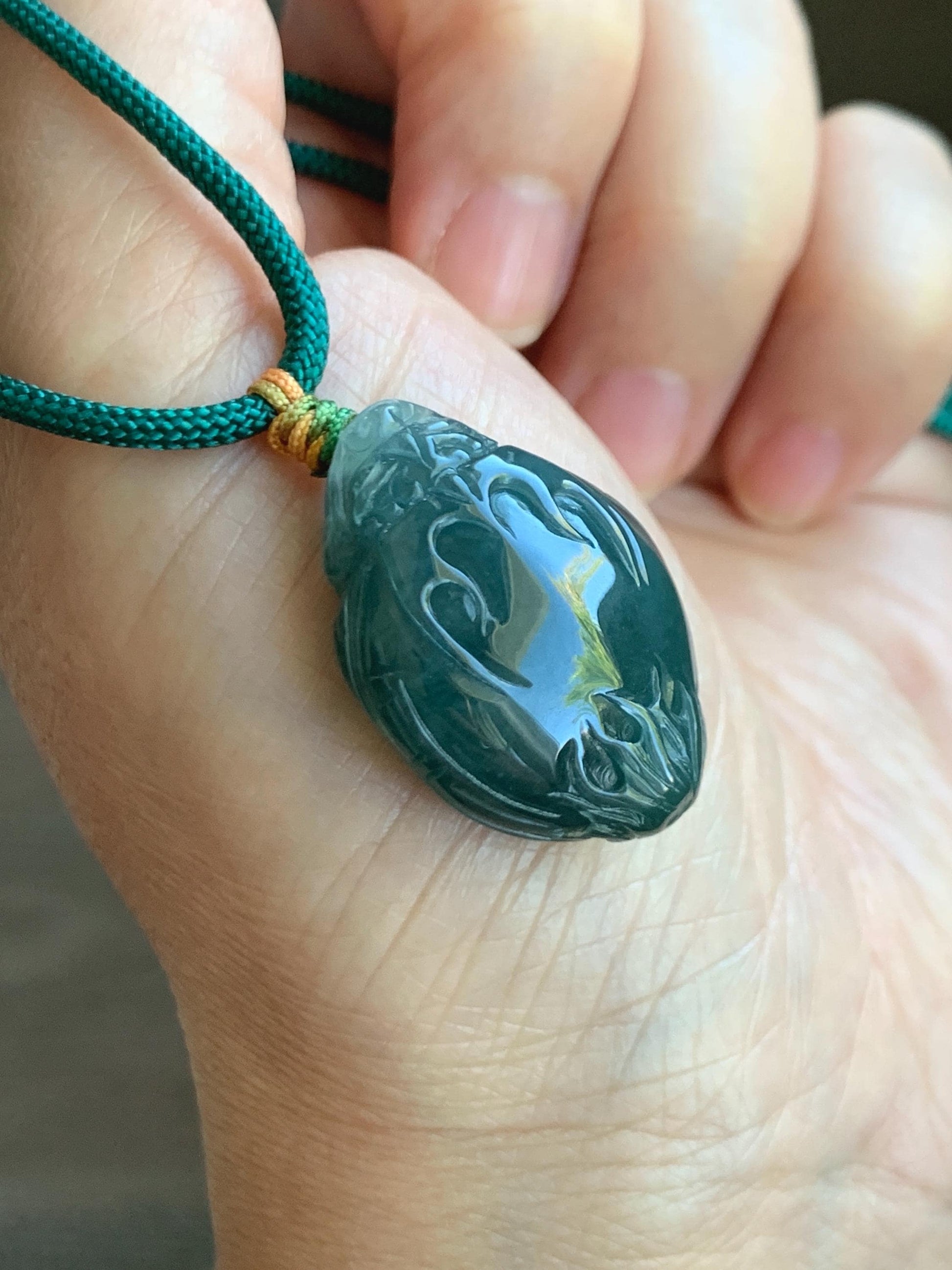 Natural Grade A Guatemalan Icy Translucent Dark Teal Blue Jade Jadeite Dragon Turtle Pendant Rope Necklace 25” 12g 天然冰危糯冰深蓝翡翠龙龟吊坠 SWLG88