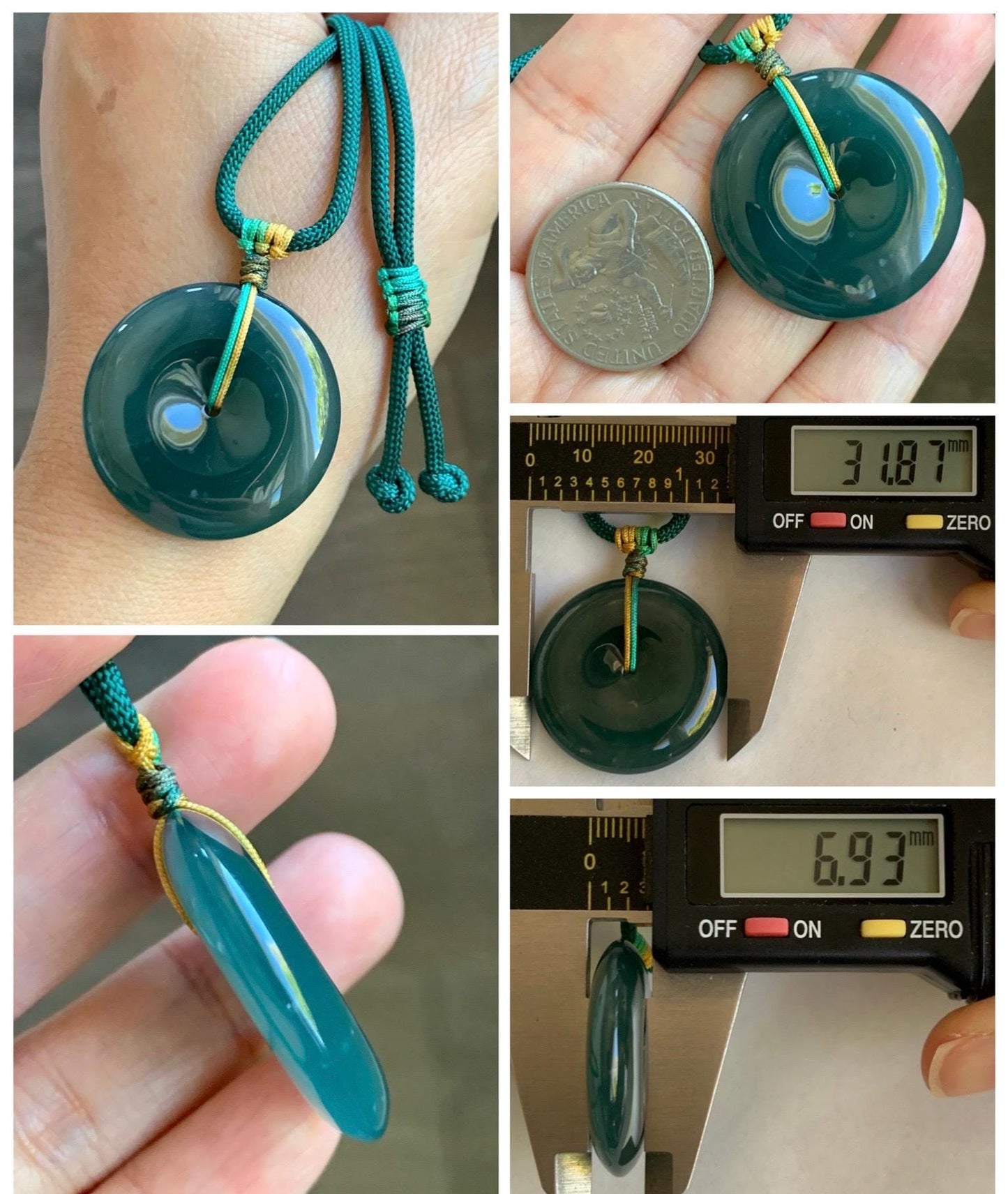Natural Grade A Guatemalan Icy Translucent Dark Teal Blue Jade Jadeite Ping An Kou Donut Pendant Rope Necklace 25" 天然冰危老种深蓝翡翠平安扣吊坠项链 SLWK150