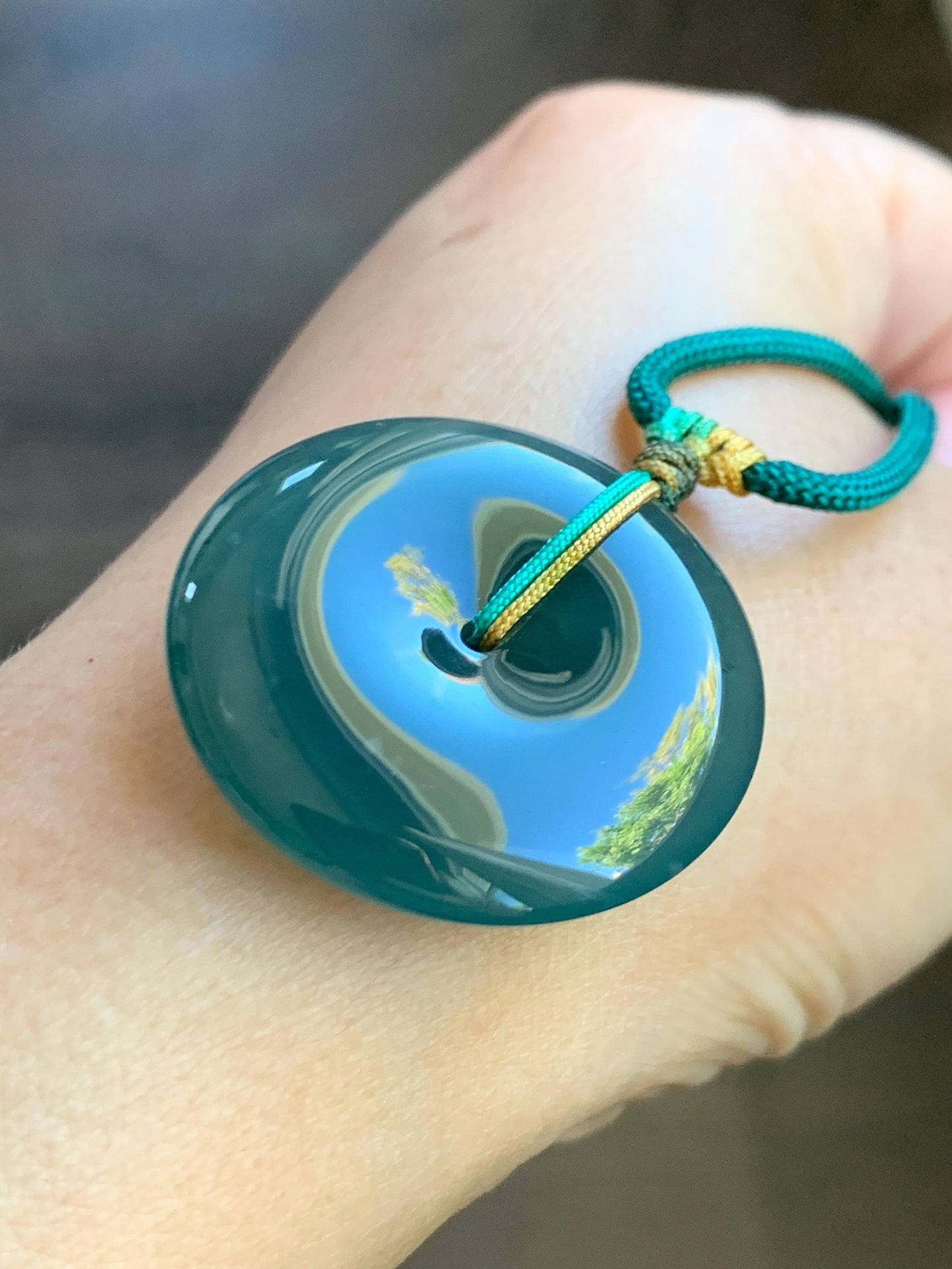 Natural Grade A Guatemalan Icy Translucent Dark Teal Blue Jade Jadeite Ping An Kou Donut Pendant Rope Necklace 25" 天然冰危老种深蓝翡翠平安扣吊坠项链 SLWK150