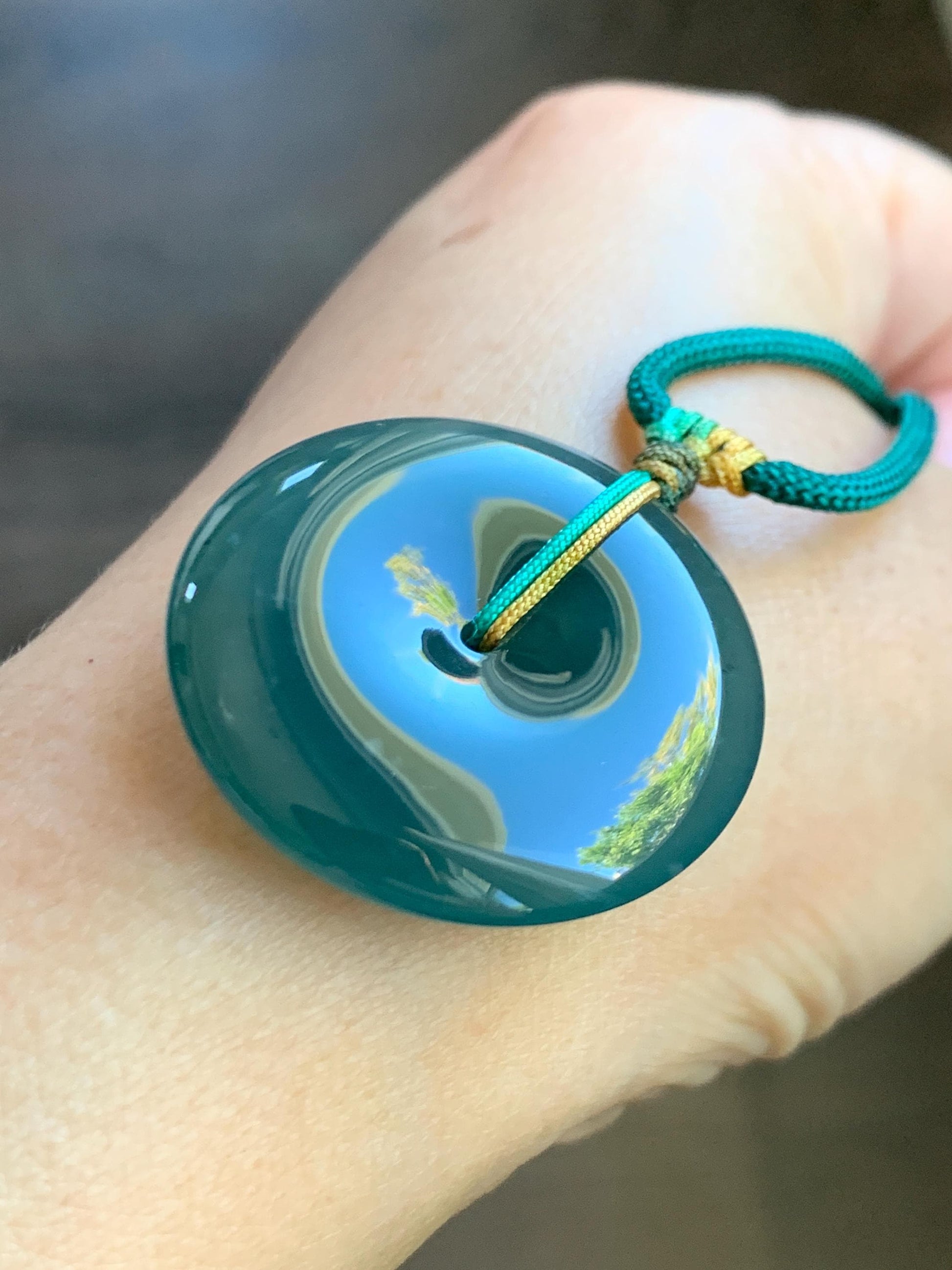 Natural Grade A Guatemalan Icy Translucent Dark Teal Blue Jade Jadeite Ping An Kou Donut Pendant Rope Necklace 25" 天然冰危老种深蓝翡翠平安扣吊坠项链 SLWK150