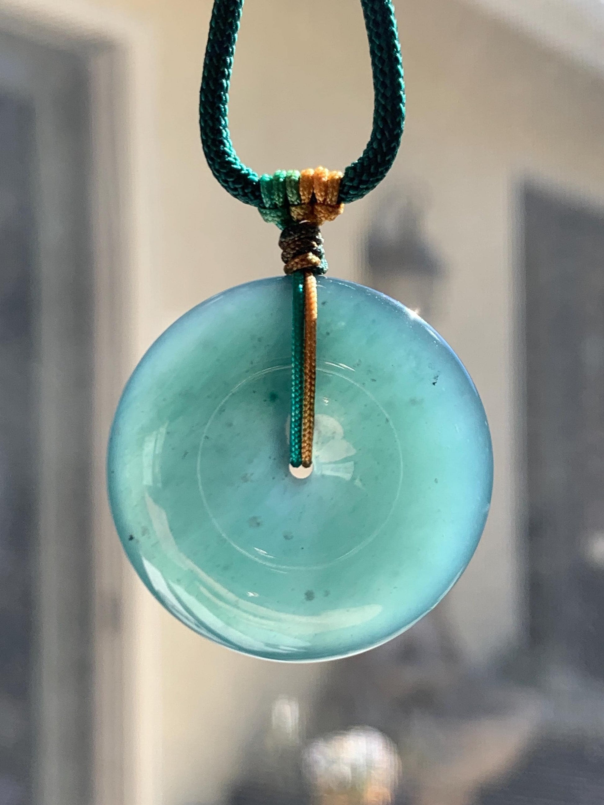 Natural Grade A Guatemalan Icy Translucent Dark Teal Blue Jade Jadeite Ping An Kou Donut Pendant Rope Necklace 25" 天然冰危老种深蓝翡翠平安扣吊坠项链 SLWK150