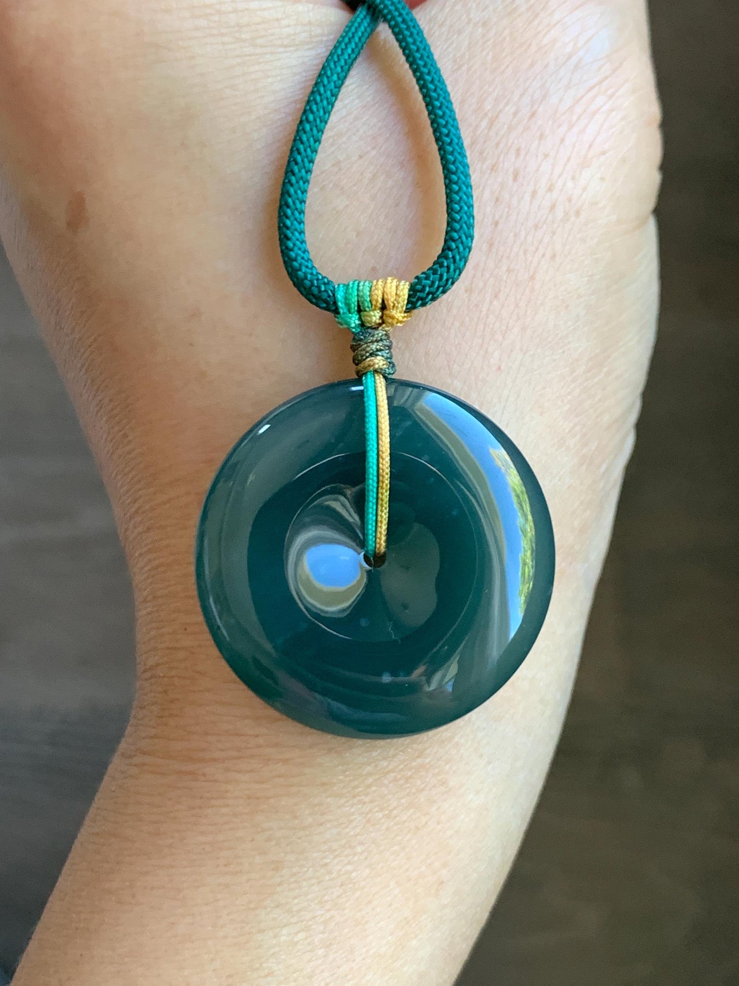 Natural Grade A Guatemalan Icy Translucent Dark Teal Blue Jade Jadeite Ping An Kou Donut Pendant Rope Necklace 25" 天然冰危老种深蓝翡翠平安扣吊坠项链 SLWK150