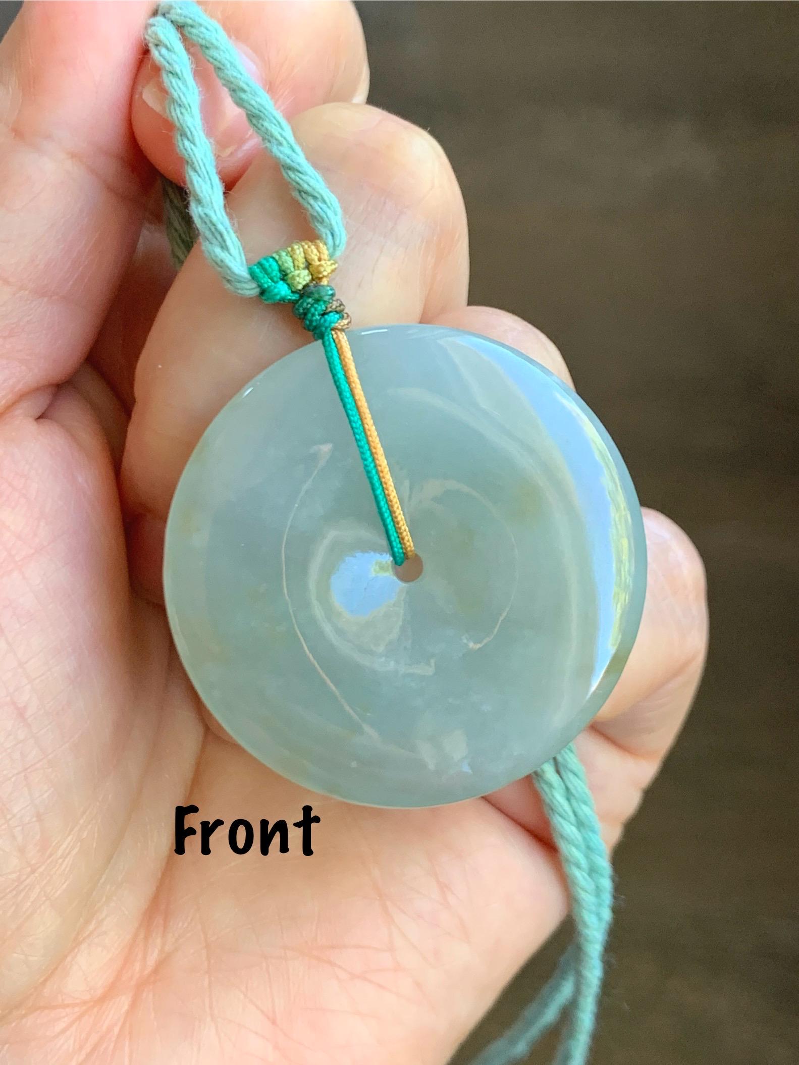 Natural Grade A Icy Translucent Pastel Dusty Green Jade Jadeite Large Ping An Kou Donut Pendant Rope Necklace 26” 天然冰晴底撒金翡翠平安扣吊坠项链 MAL183