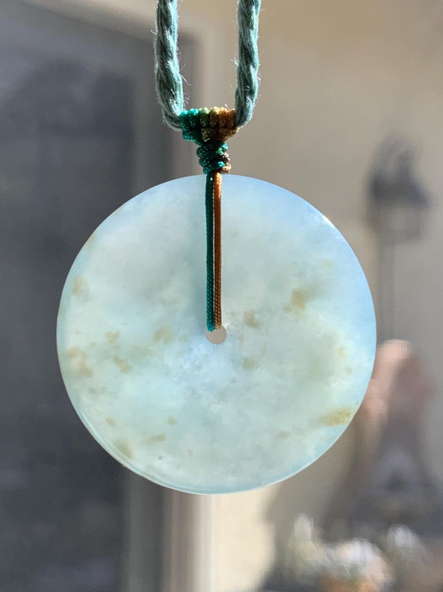 Natural Grade A Icy Translucent Pastel Dusty Green Jade Jadeite Large Ping An Kou Donut Pendant Rope Necklace 26” 天然冰晴底撒金翡翠平安扣吊坠项链 MAL183