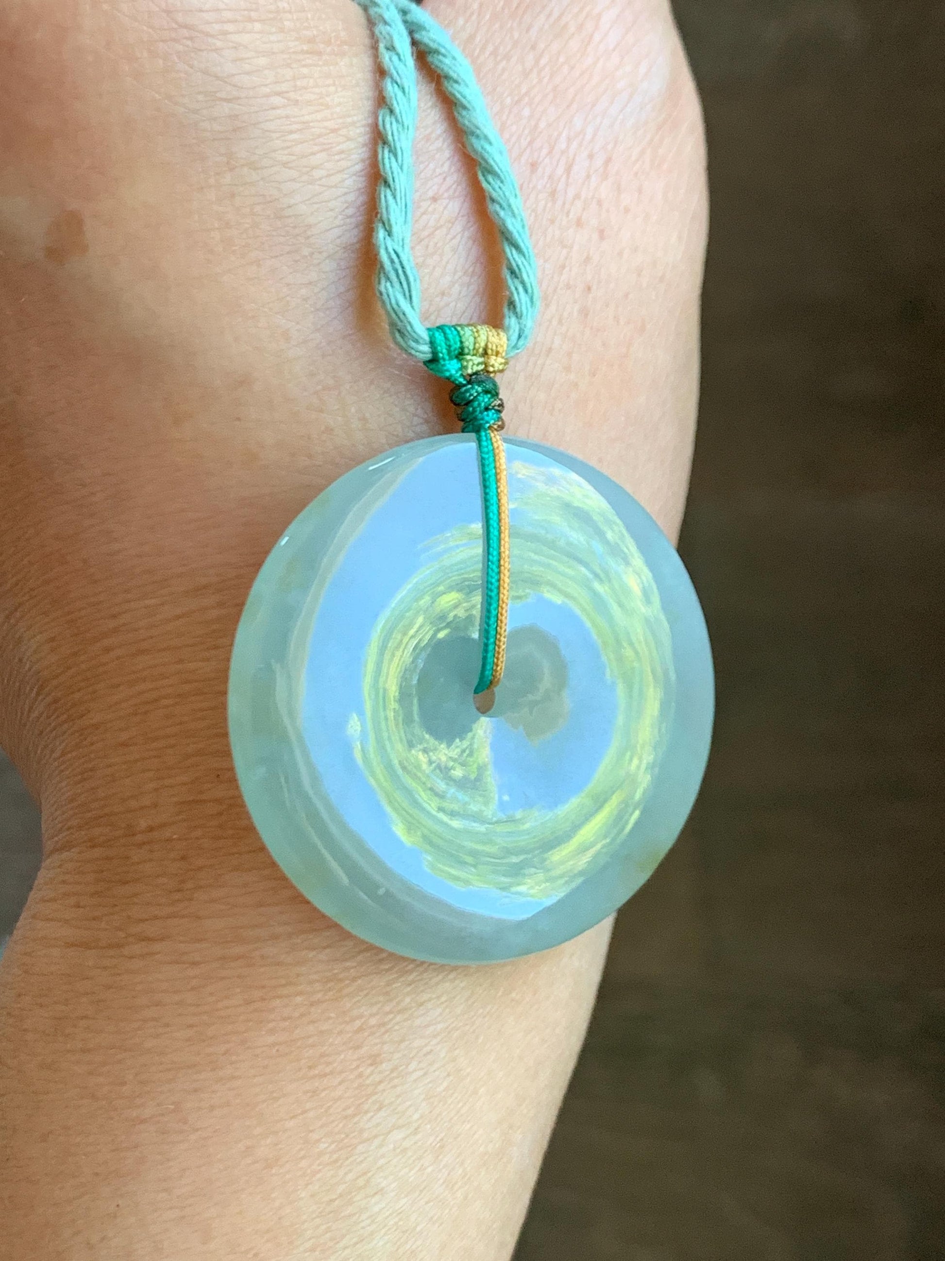 Natural Grade A Icy Translucent Pastel Dusty Green Jade Jadeite Large Ping An Kou Donut Pendant Rope Necklace 26” 天然冰晴底撒金翡翠平安扣吊坠项链 MAL183