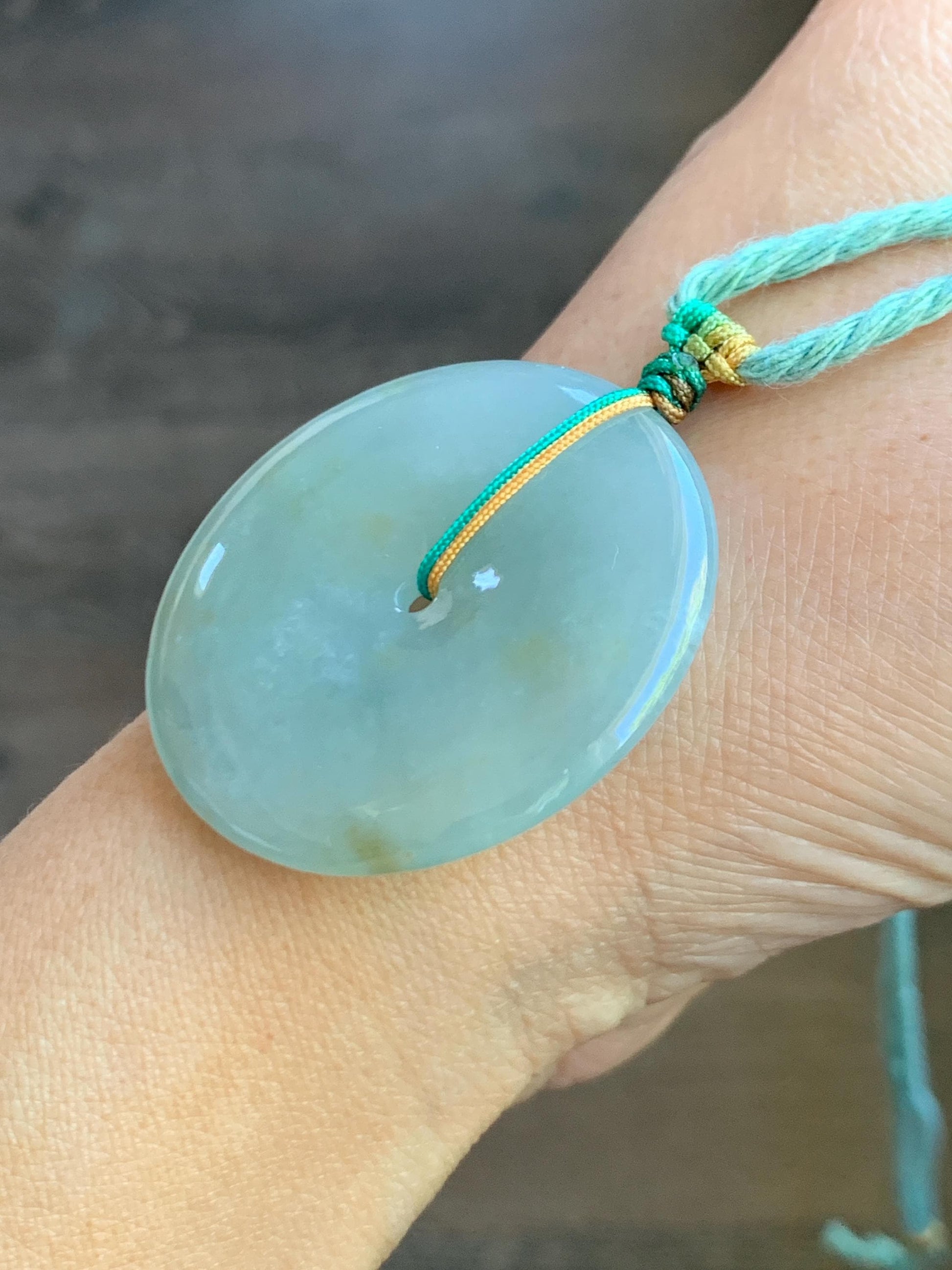 Natural Grade A Icy Translucent Pastel Dusty Green Jade Jadeite Large Ping An Kou Donut Pendant Rope Necklace 26” 天然冰晴底撒金翡翠平安扣吊坠项链 MAL183