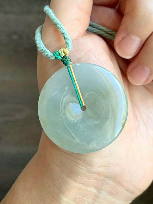 Natural Grade A Icy Translucent Pastel Dusty Green Jade Jadeite Large Ping An Kou Donut Pendant Rope Necklace 26” 天然冰晴底撒金翡翠平安扣吊坠项链 MAL183