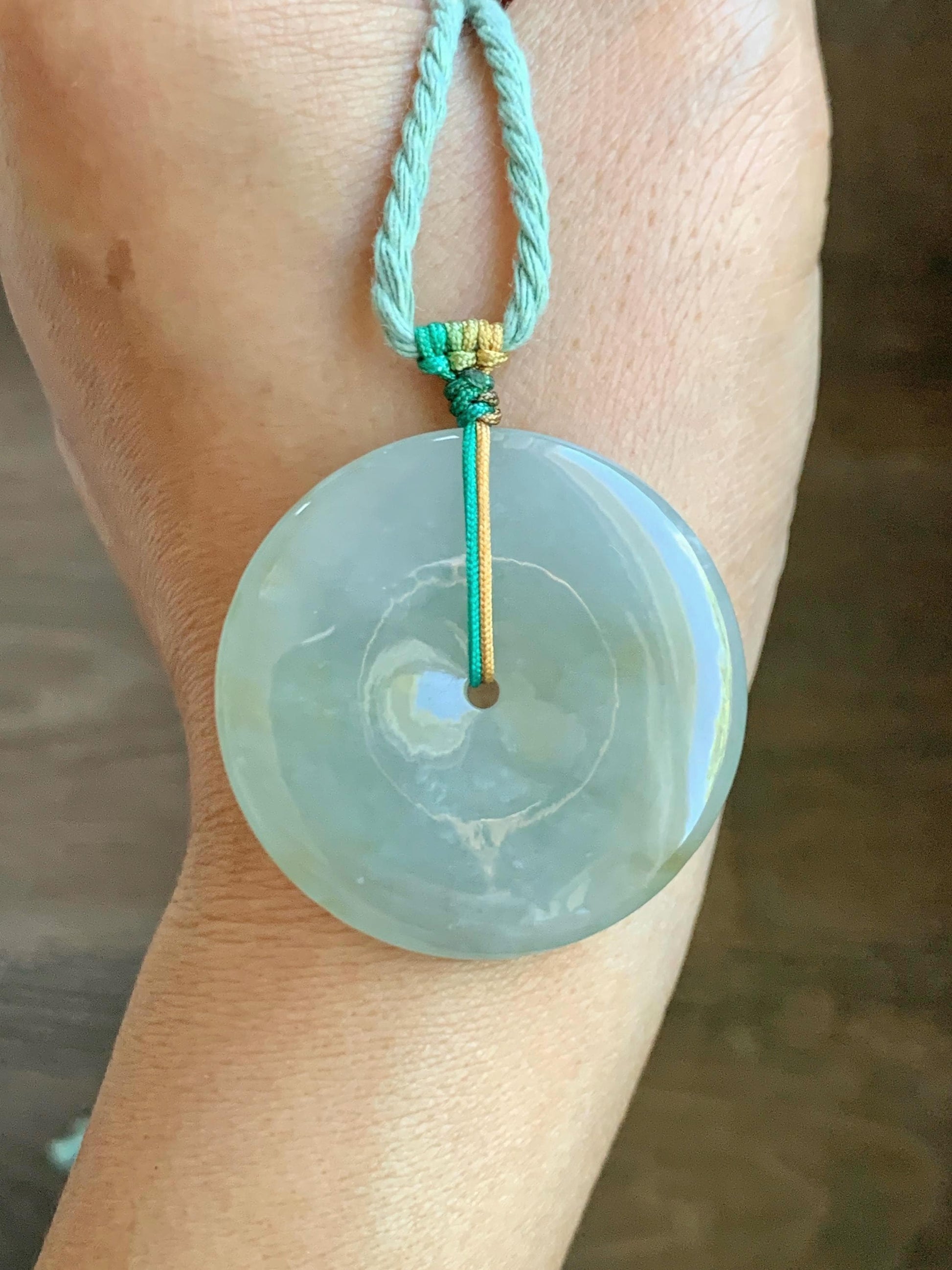 Natural Grade A Icy Translucent Pastel Dusty Green Jade Jadeite Large Ping An Kou Donut Pendant Rope Necklace 26” 天然冰晴底撒金翡翠平安扣吊坠项链 MAL183