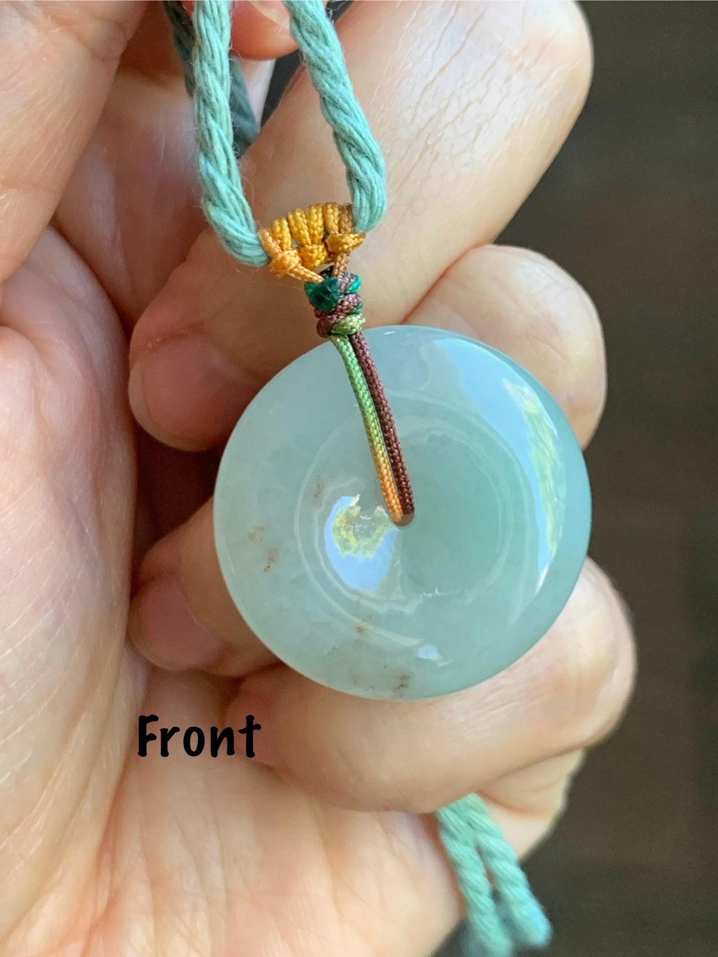 Natural Grade A Icy Translucent Pastel Green Golden Marbled Jade Jadeite Ping An Kou Donut Pendant Rope Necklace 26" 天然冰晴底撒金翡翠平安扣吊坠项链MQSJ110