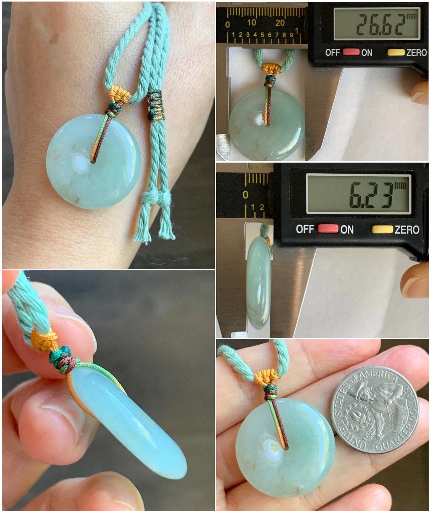 Natural Grade A Icy Translucent Pastel Green Golden Marbled Jade Jadeite Ping An Kou Donut Pendant Rope Necklace 26" 天然冰晴底撒金翡翠平安扣吊坠项链MQSJ110