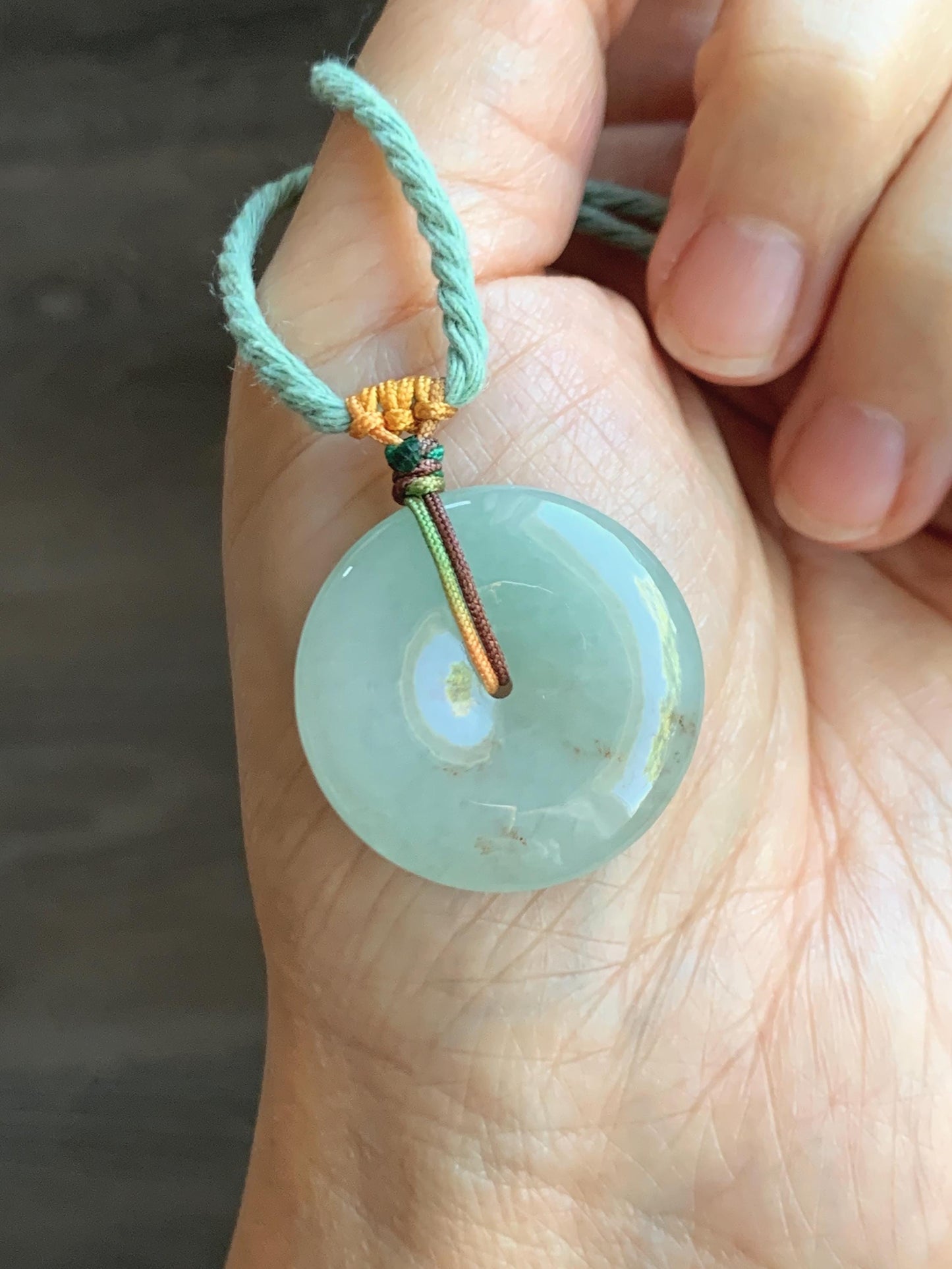 Natural Grade A Icy Translucent Pastel Green Golden Marbled Jade Jadeite Ping An Kou Donut Pendant Rope Necklace 26" 天然冰晴底撒金翡翠平安扣吊坠项链MQSJ110