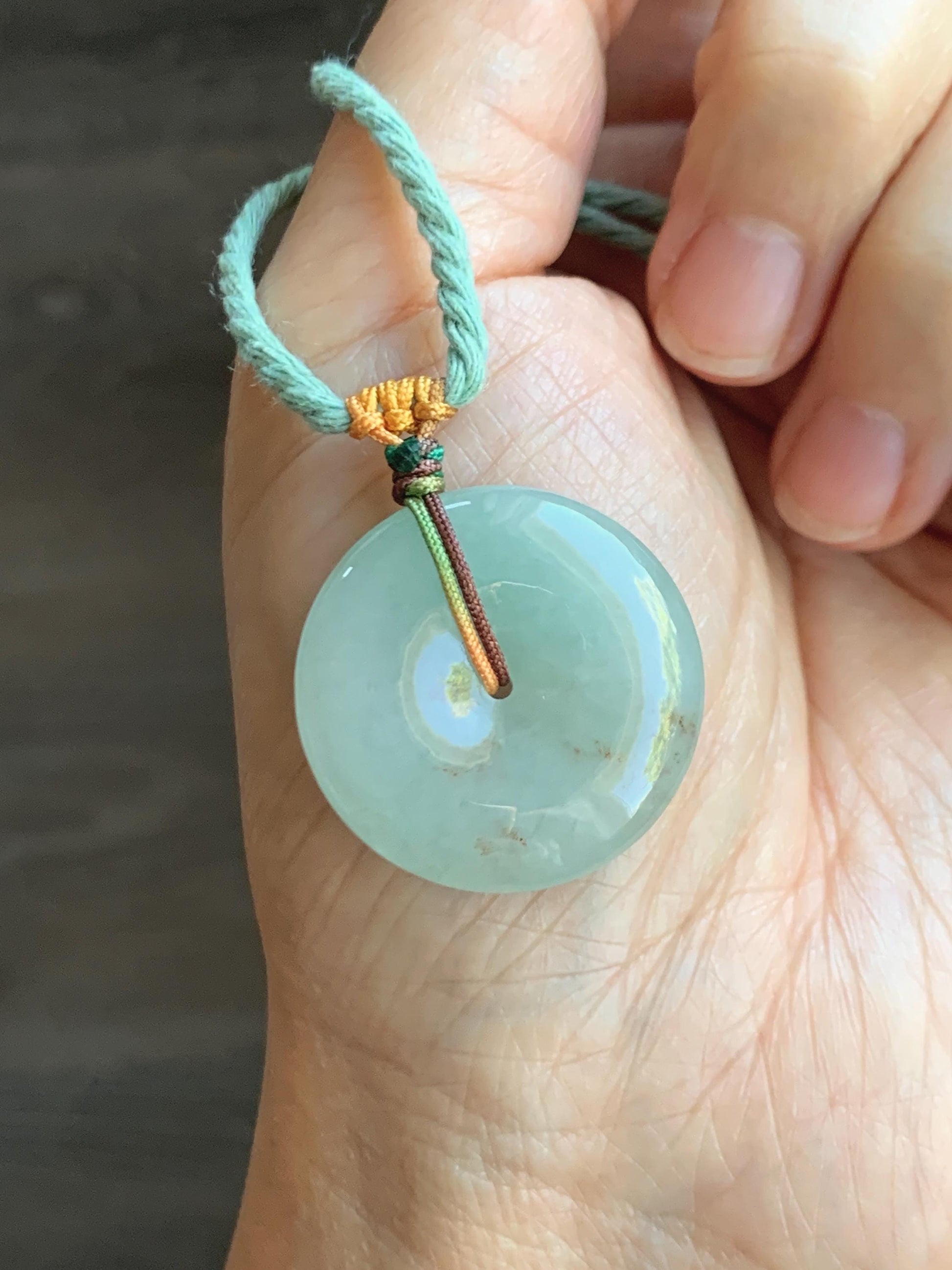 Natural Grade A Icy Translucent Pastel Green Golden Marbled Jade Jadeite Ping An Kou Donut Pendant Rope Necklace 26" 天然冰晴底撒金翡翠平安扣吊坠项链MQSJ110