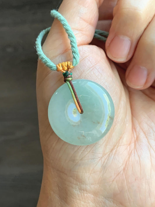 Natural Grade A Icy Translucent Pastel Green Golden Marbled Jade Jadeite Ping An Kou Donut Pendant Rope Necklace 26" 天然冰晴底撒金翡翠平安扣吊坠项链MQSJ110