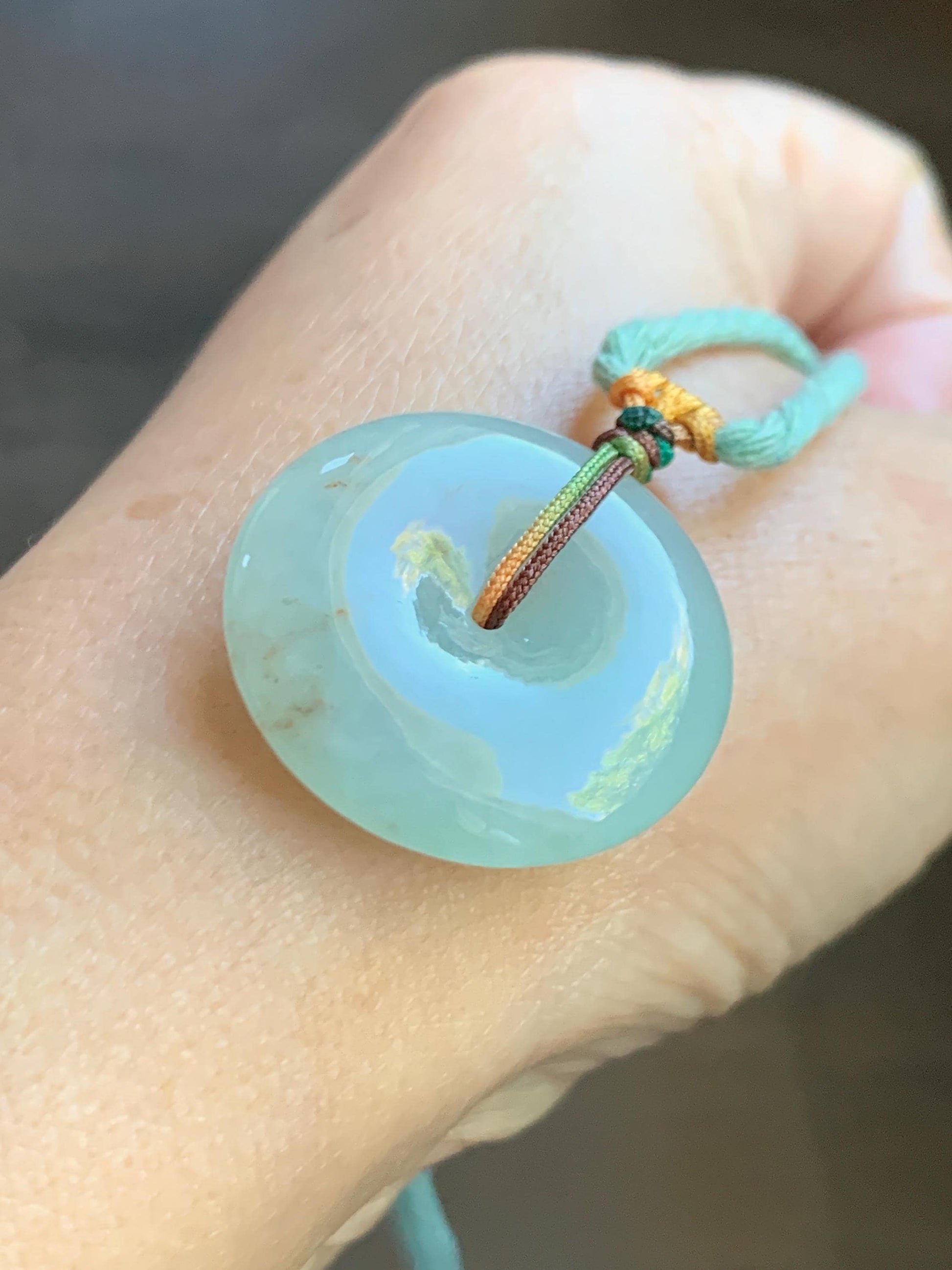 Natural Grade A Icy Translucent Pastel Green Golden Marbled Jade Jadeite Ping An Kou Donut Pendant Rope Necklace 26" 天然冰晴底撒金翡翠平安扣吊坠项链MQSJ110