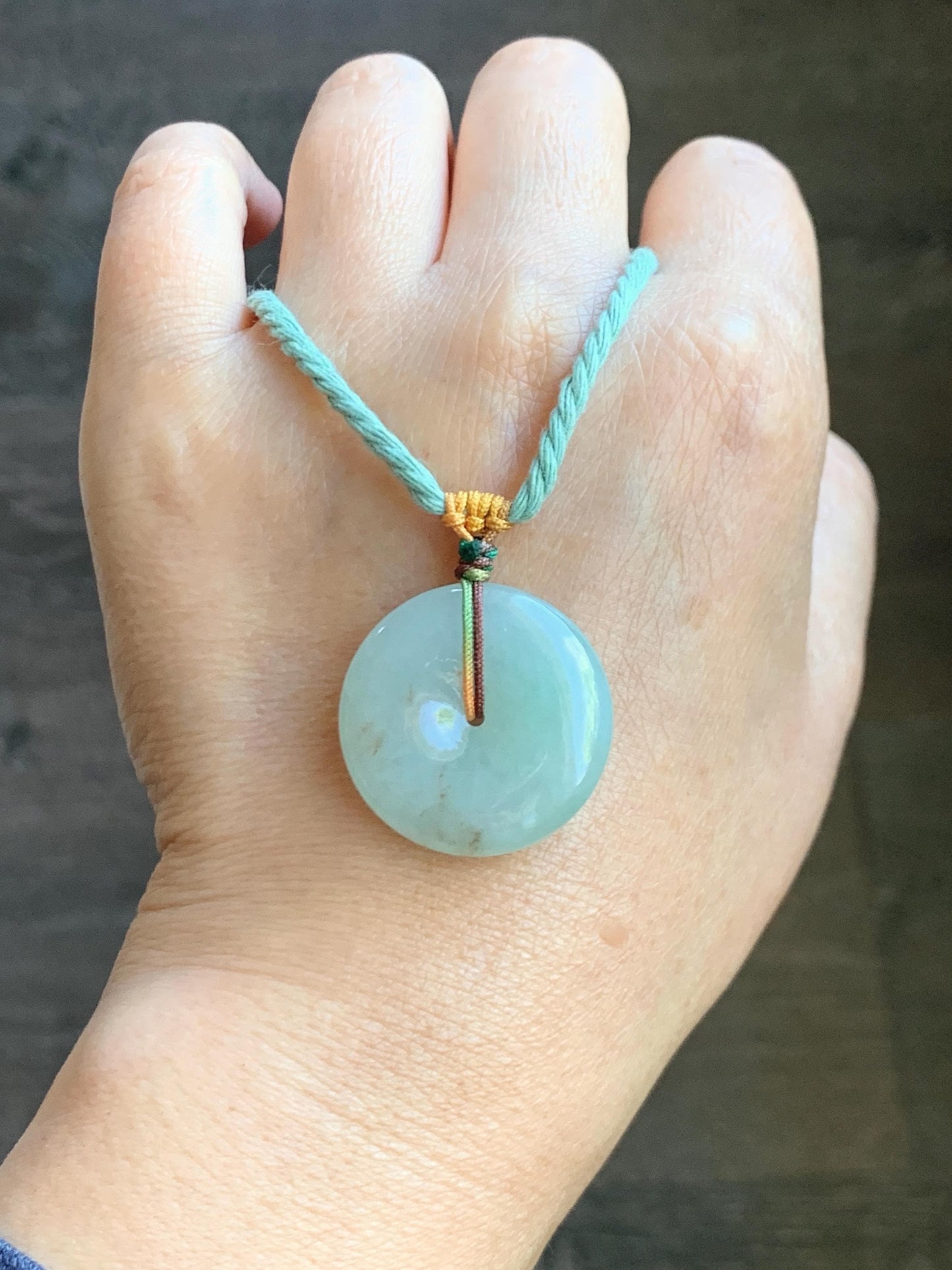 Natural Grade A Icy Translucent Pastel Green Golden Marbled Jade Jadeite Ping An Kou Donut Pendant Rope Necklace 26" 天然冰晴底撒金翡翠平安扣吊坠项链MQSJ110