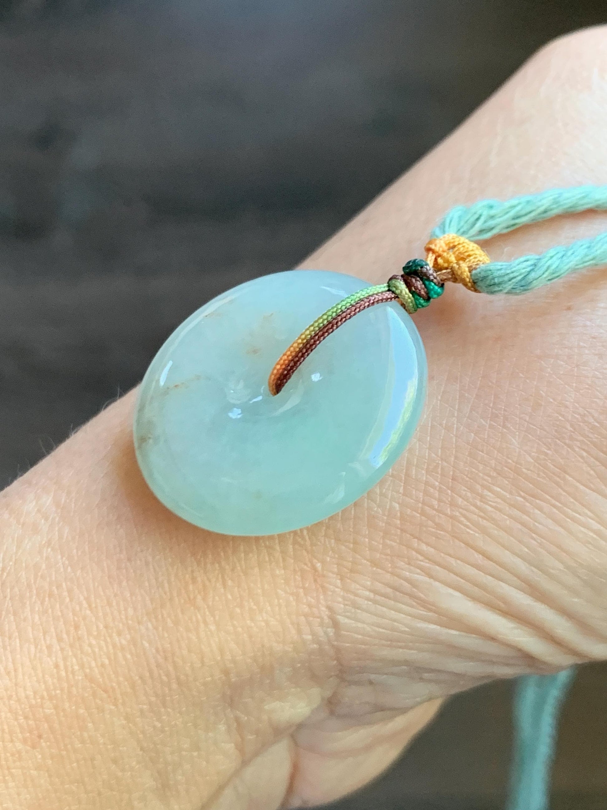 Natural Grade A Icy Translucent Pastel Green Golden Marbled Jade Jadeite Ping An Kou Donut Pendant Rope Necklace 26" 天然冰晴底撒金翡翠平安扣吊坠项链MQSJ110