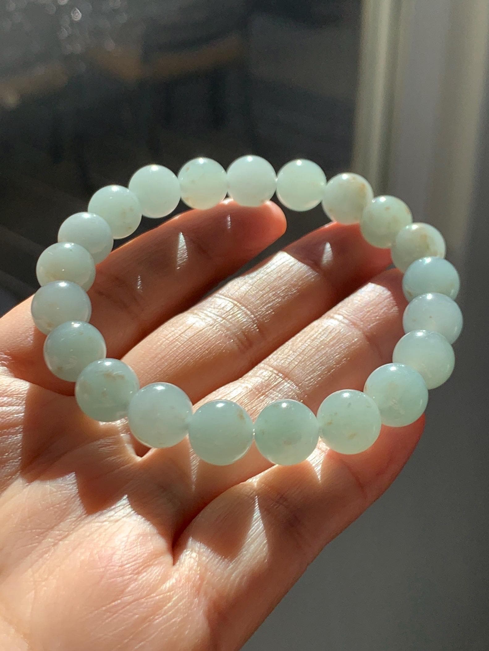 Natural Grade A Icy Translucent Gelatinous Light Dusty Green Rust Marbled Jade Jadeite Beaded Bracelet 7.25” 9.4mm 29g 天然冰胶晴底撒金翡翠圆珠手串 MSJ188