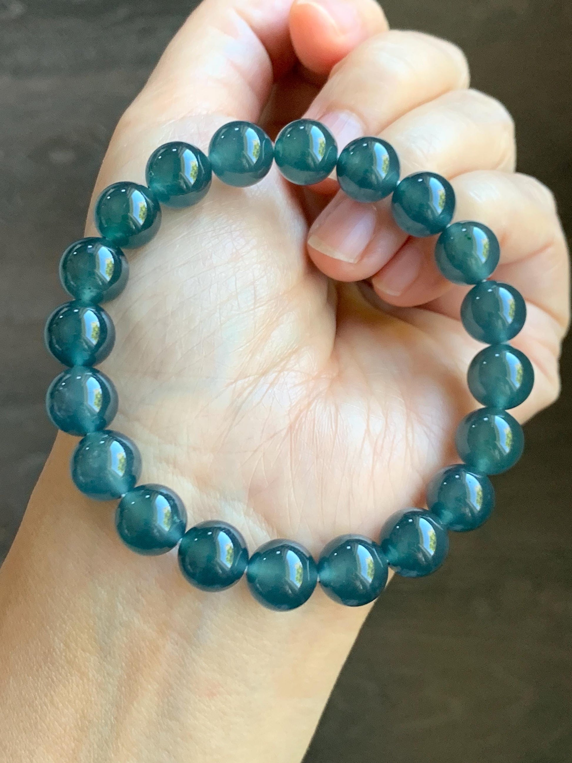 Certified Natural Grade A Guatemalan Icy Highly Translucent Gelatinous Dark Teal Jade Jadeite Beaded Bracelet 10mm 7.4” 天然冰危深蓝绿翡翠圆珠手串 767