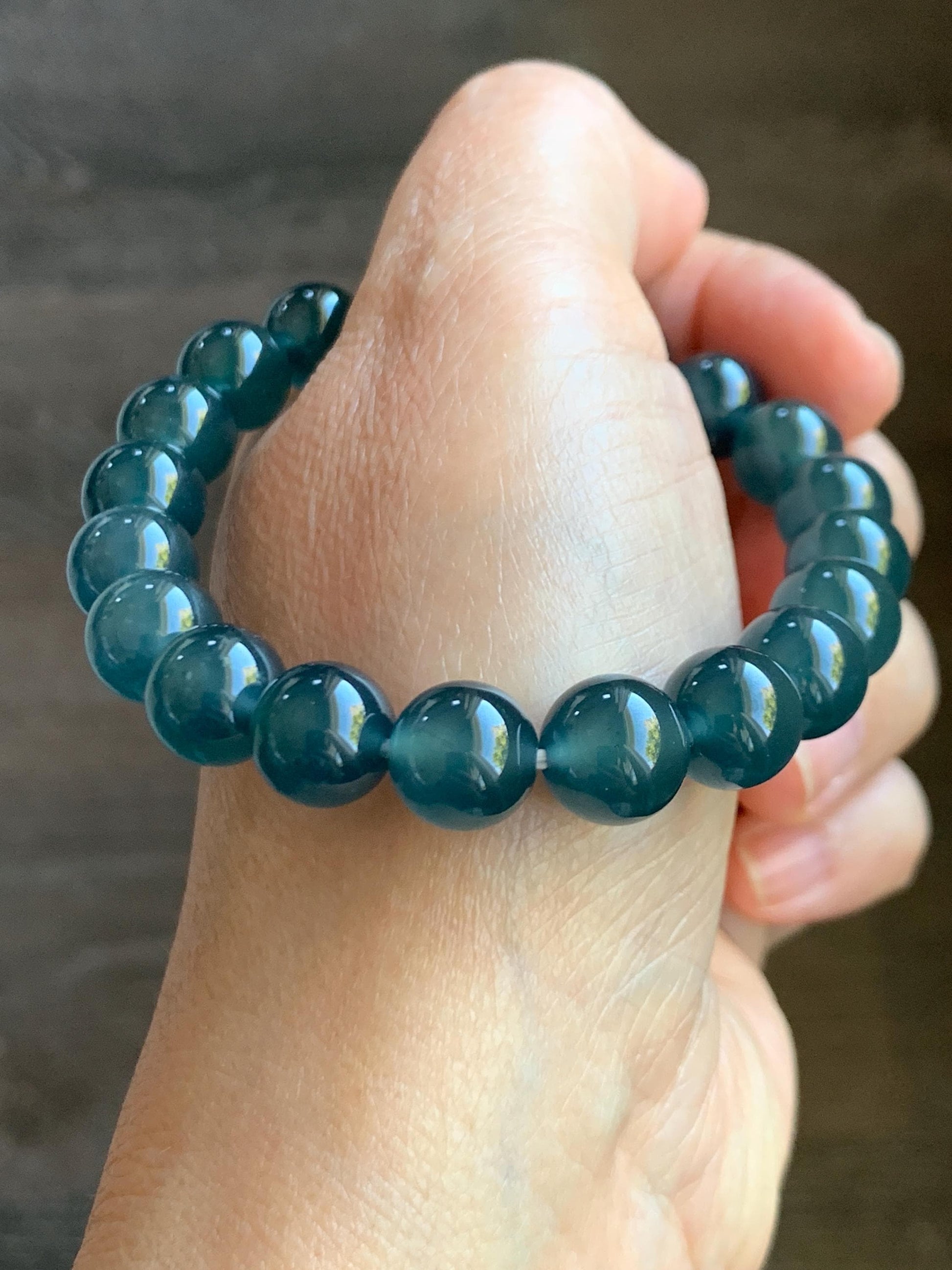 Certified Natural Grade A Guatemalan Icy Highly Translucent Gelatinous Dark Teal Jade Jadeite Beaded Bracelet 10mm 7.4” 天然冰危深蓝绿翡翠圆珠手串 767