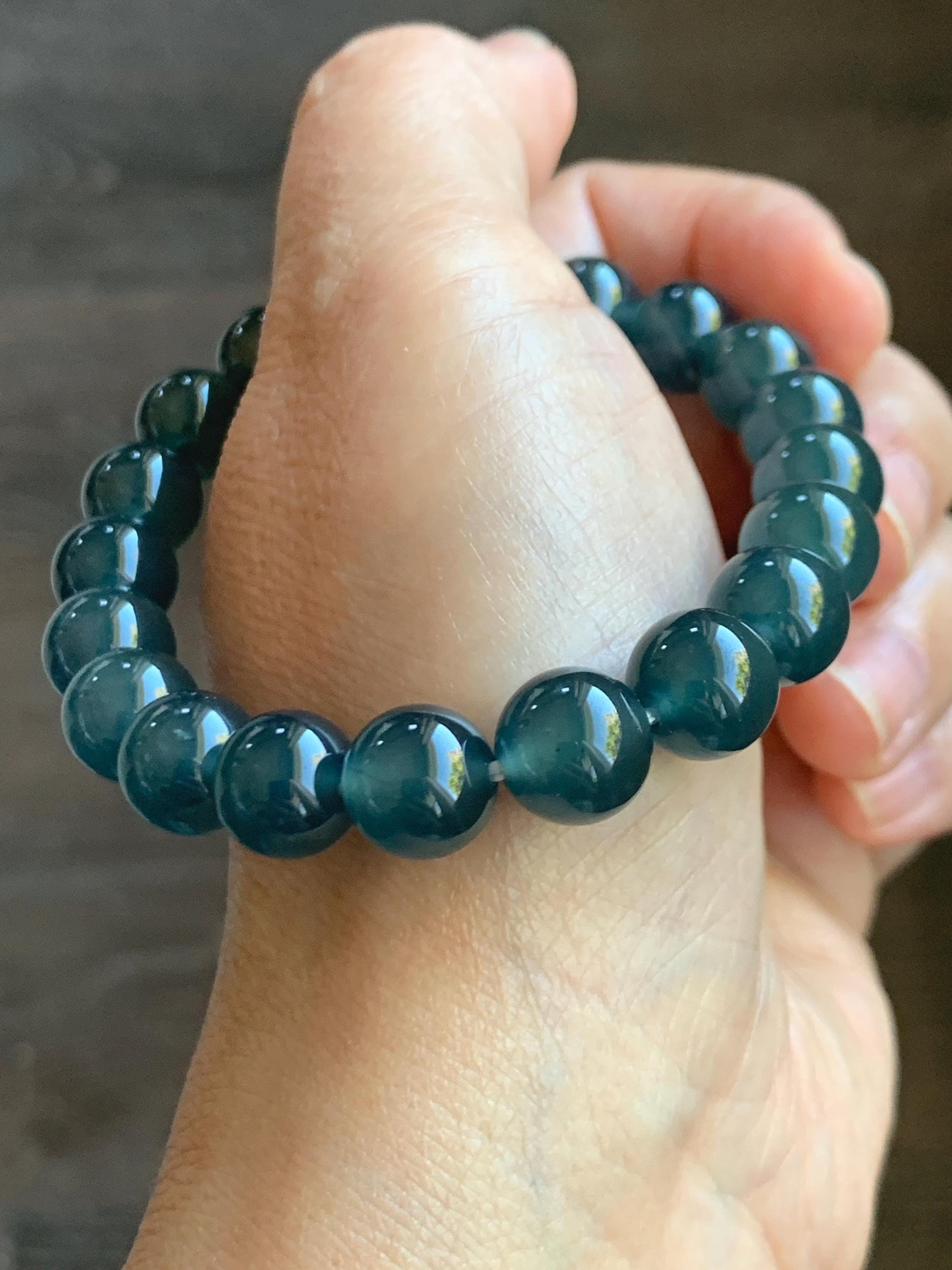 Certified Natural Grade A Guatemalan Icy Highly Translucent Gelatinous Dark Teal Jade Jadeite Beaded Bracelet 10mm 7.4” 天然冰危深蓝绿翡翠圆珠手串 767