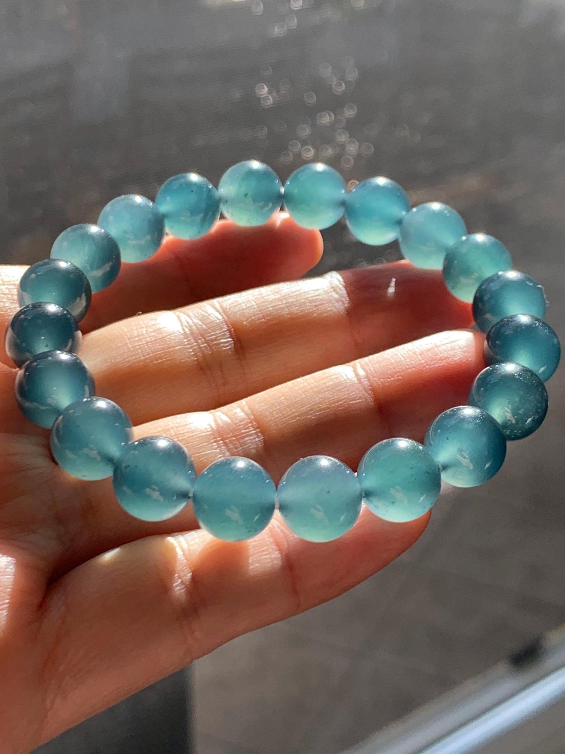 Certified Natural Grade A Guatemalan Icy Highly Translucent Gelatinous Dark Teal Jade Jadeite Beaded Bracelet 10mm 7.4” 天然冰危深蓝绿翡翠圆珠手串 767