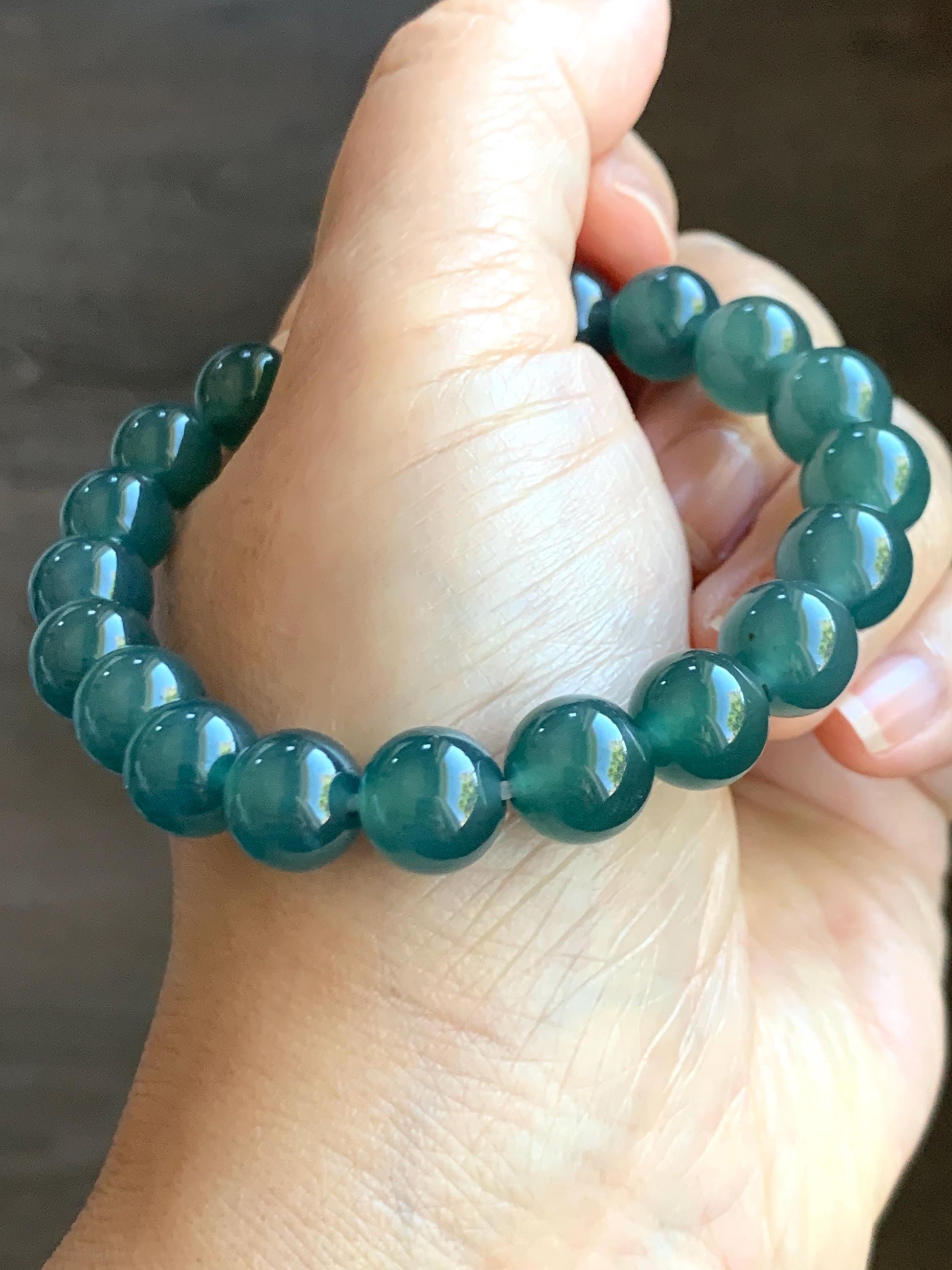 Natural Grade A Guatemalan Icy Translucent Dark Teal Green Jade Jadeite Beaded Bracelet Stretchy 9.8mm 7.25” 31g 天然冰危深蓝绿翡翠圆珠手串 WLL385A