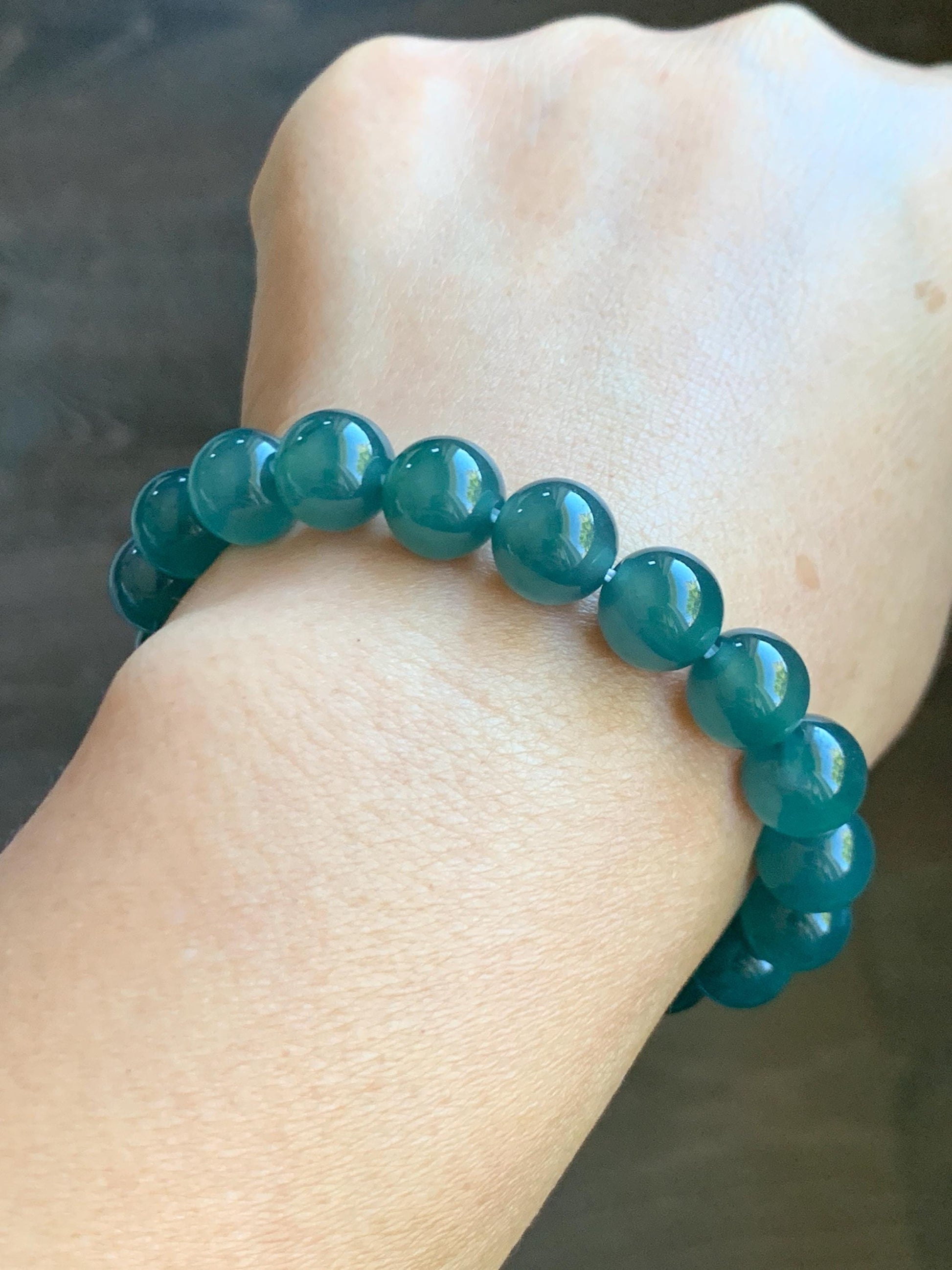 Natural Grade A Guatemalan Icy Translucent Dark Teal Green Jade Jadeite Beaded Bracelet Stretchy 9.8mm 7.25” 31g 天然冰危深蓝绿翡翠圆珠手串 WLL385A