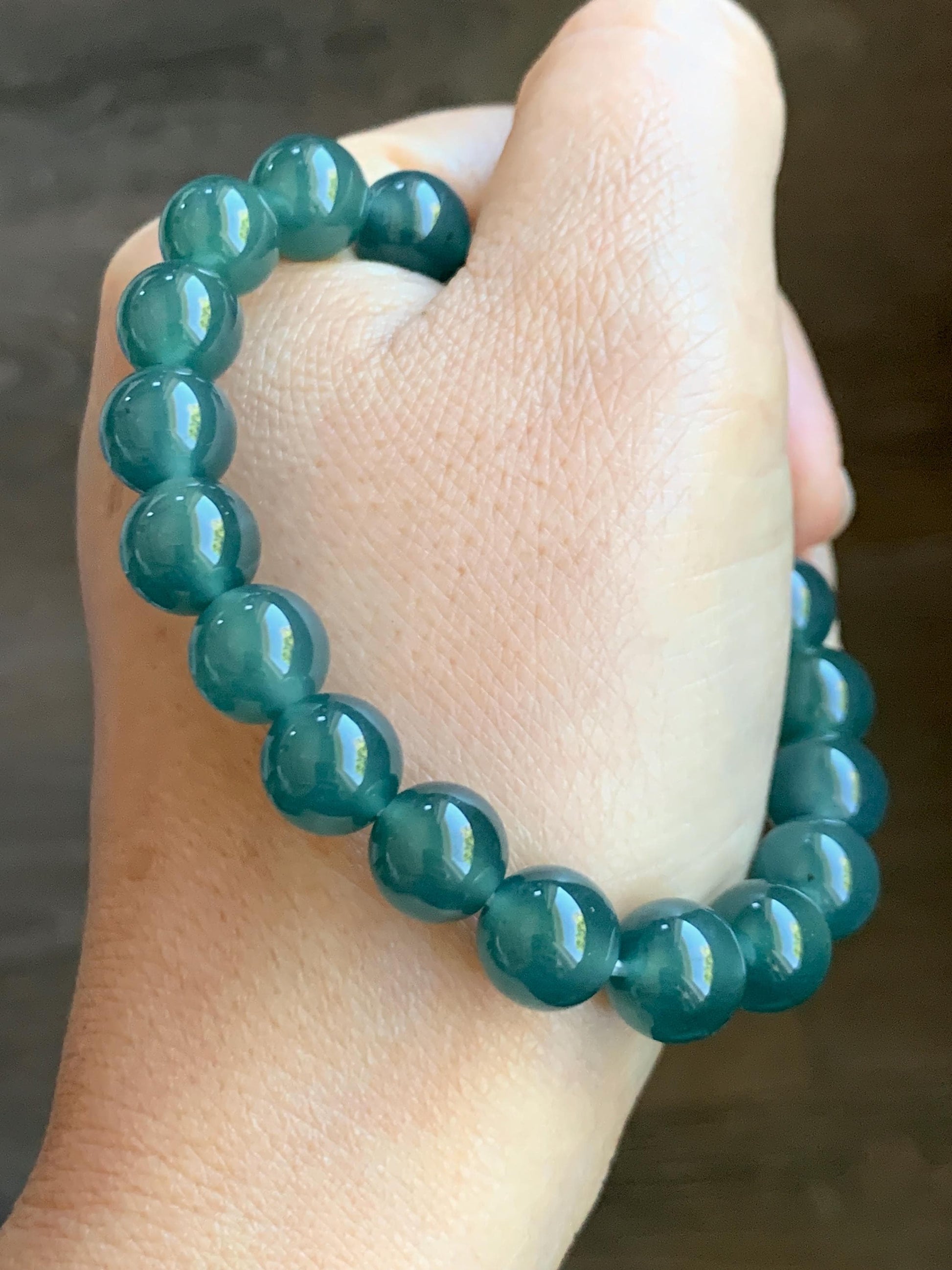 Natural Grade A Guatemalan Icy Translucent Dark Teal Green Jade Jadeite Beaded Bracelet Stretchy 9.8mm 7.25” 31g 天然冰危深蓝绿翡翠圆珠手串 WLL385A