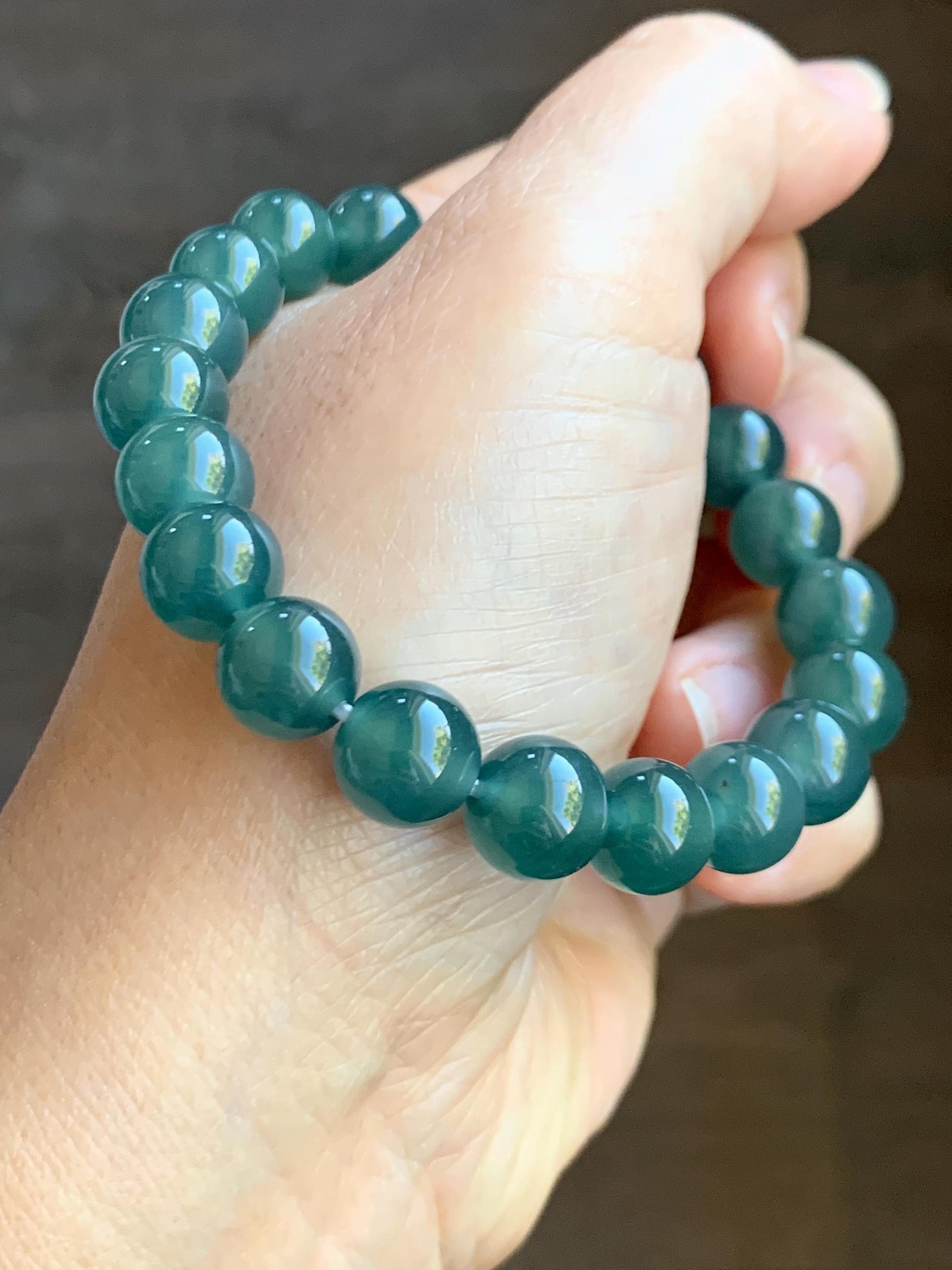 Natural Grade A Guatemalan Icy Translucent Dark Teal Green Jade Jadeite Beaded Bracelet Stretchy 9.8mm 7.25” 31g 天然冰危深蓝绿翡翠圆珠手串 WLL385A