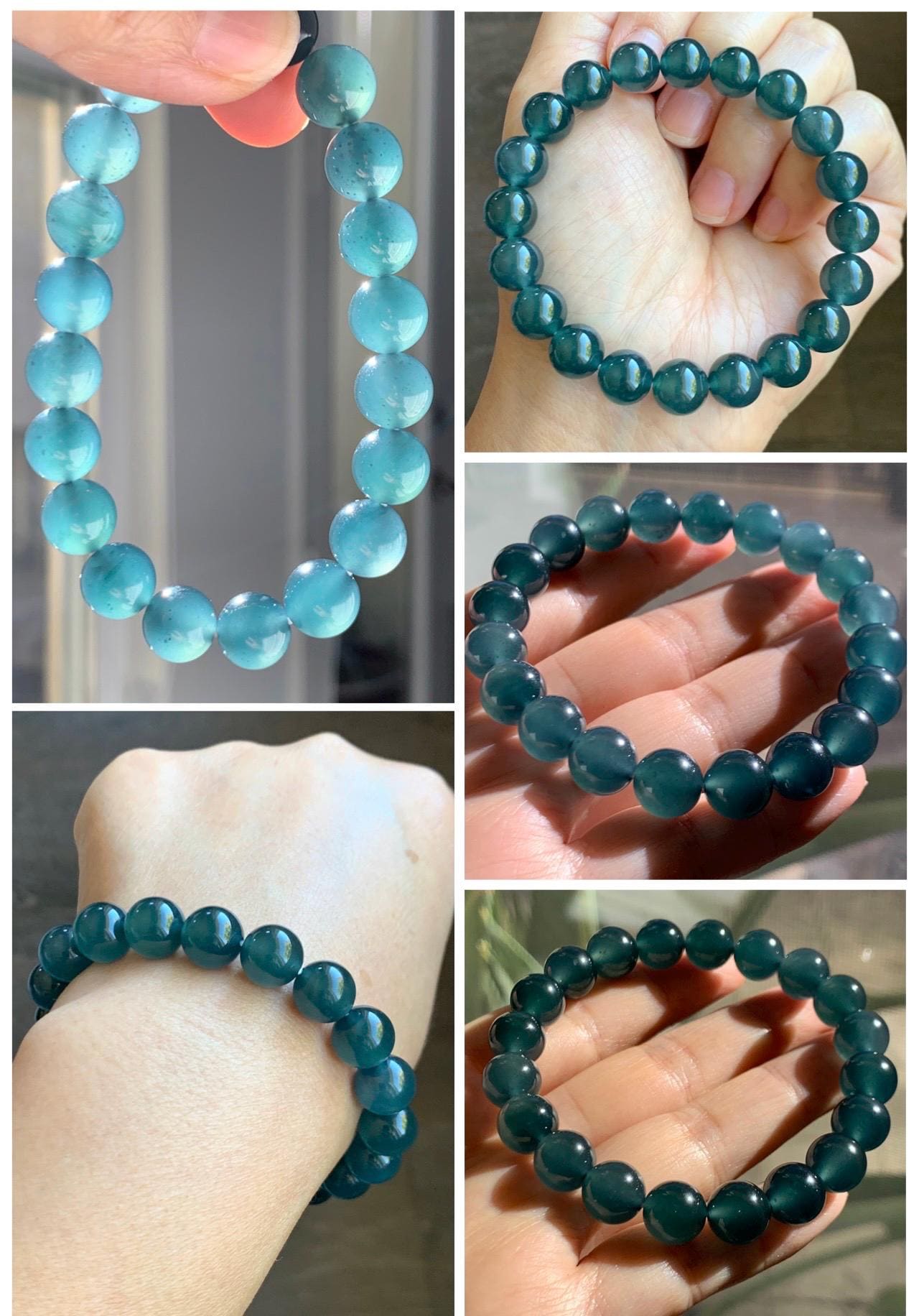 Certified Natural Grade A Guatemalan Icy Highly Translucent Gelatinous Dark Teal Jade Jadeite Beaded Bracelet 10mm 7.4” 天然冰危深蓝绿翡翠圆珠手串 0765