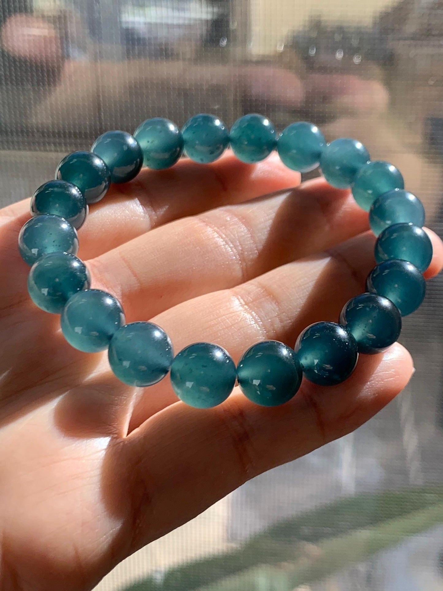 Certified Natural Grade A Guatemalan Icy Highly Translucent Gelatinous Dark Teal Jade Jadeite Beaded Bracelet 10mm 7.4” 天然冰危深蓝绿翡翠圆珠手串 0765