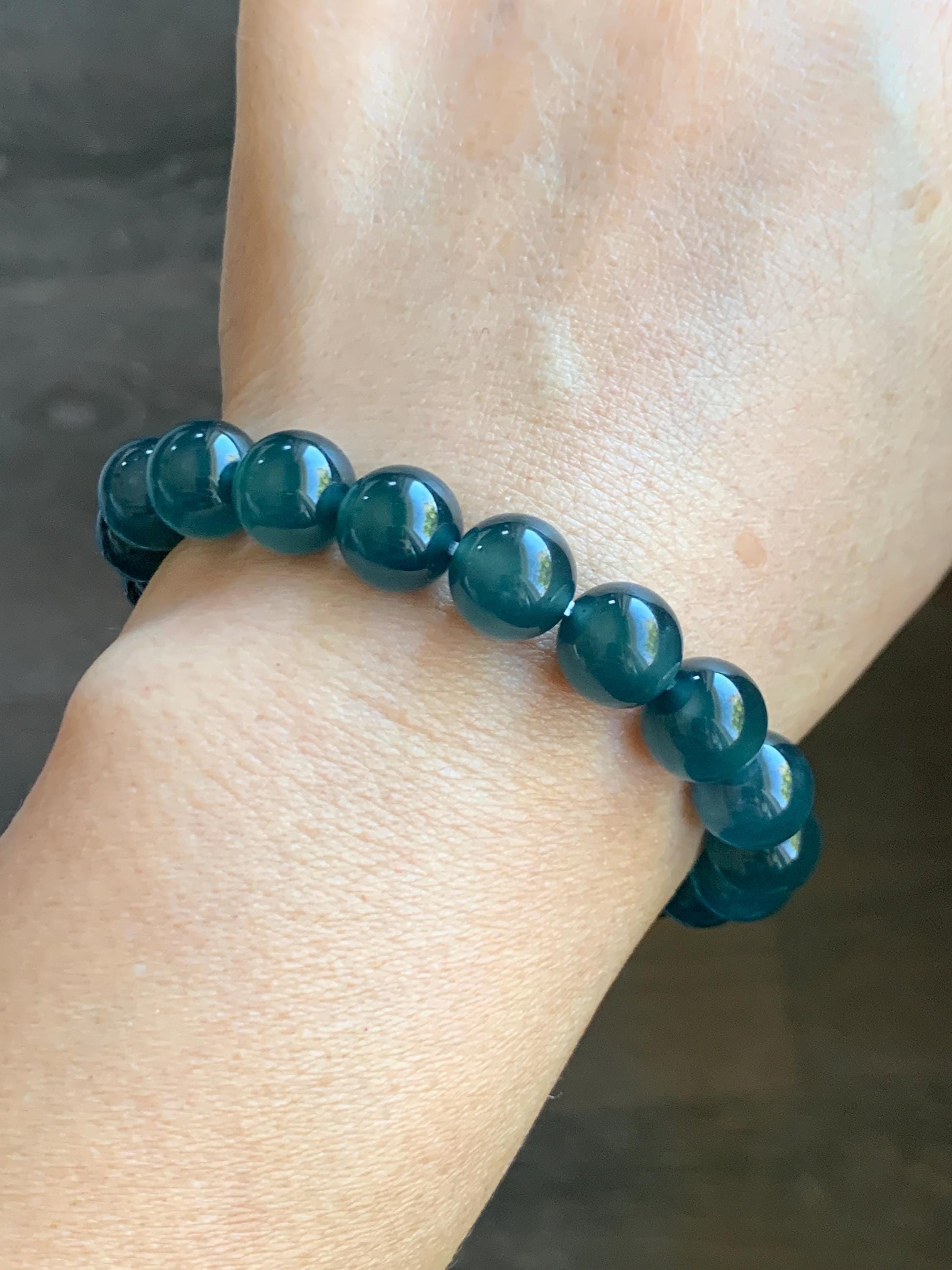 Certified Natural Grade A Guatemalan Icy Highly Translucent Gelatinous Dark Teal Jade Jadeite Beaded Bracelet 10mm 7.4” 天然冰危深蓝绿翡翠圆珠手串 0765