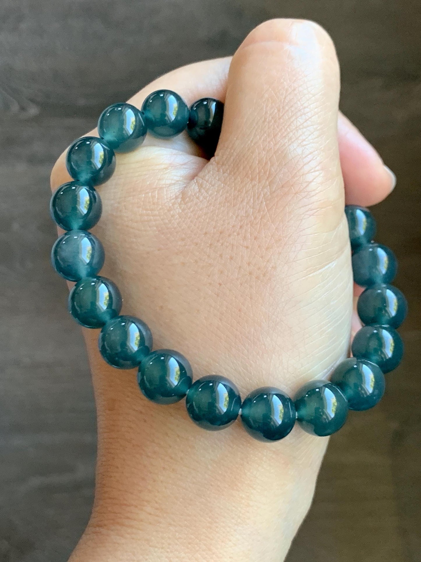 Certified Natural Grade A Guatemalan Icy Highly Translucent Gelatinous Dark Teal Jade Jadeite Beaded Bracelet 10mm 7.4” 天然冰危深蓝绿翡翠圆珠手串 0765