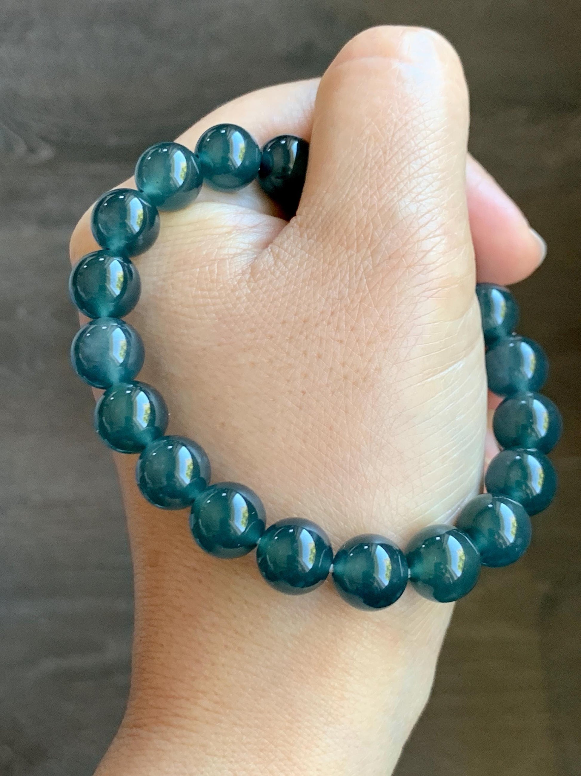 Certified Natural Grade A Guatemalan Icy Highly Translucent Gelatinous Dark Teal Jade Jadeite Beaded Bracelet 10mm 7.4” 天然冰危深蓝绿翡翠圆珠手串 0765