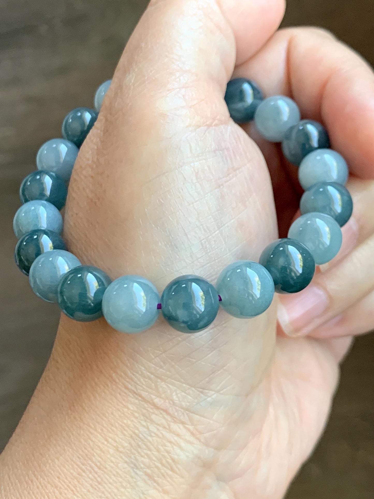Natural Grade A Guatemalan Translucent Dusty Teal Blue Multicolored Jade Jadeite Beaded Bracelet 9.6mm 7.25” 31g 天然冰危蓝水多宝翡翠手串 WLDB88
