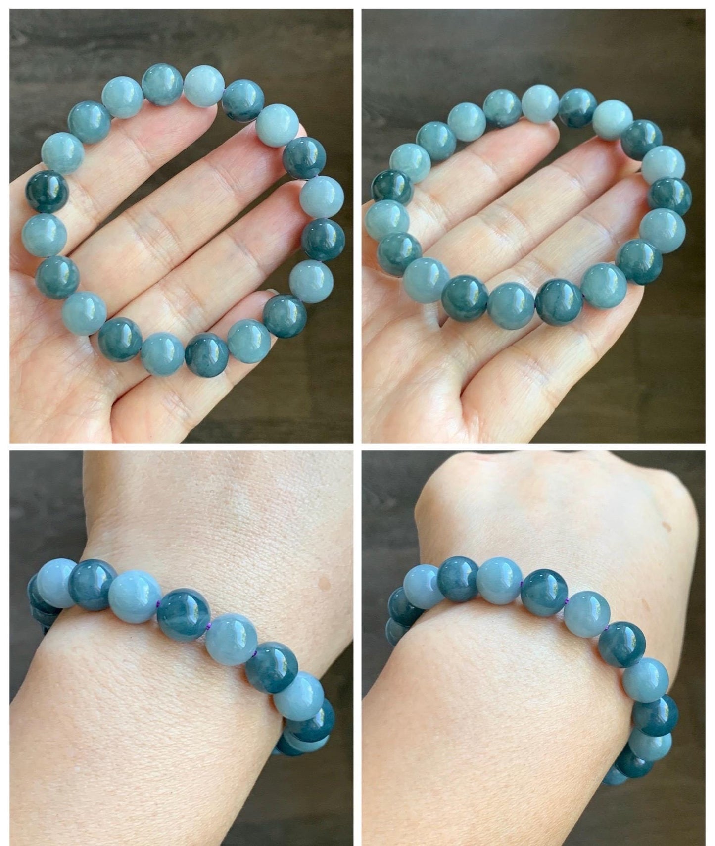 Natural Grade A Guatemalan Translucent Dusty Teal Blue Multicolored Jade Jadeite Beaded Bracelet 9.6mm 7.25” 31g 天然冰危蓝水多宝翡翠手串 WLDB88