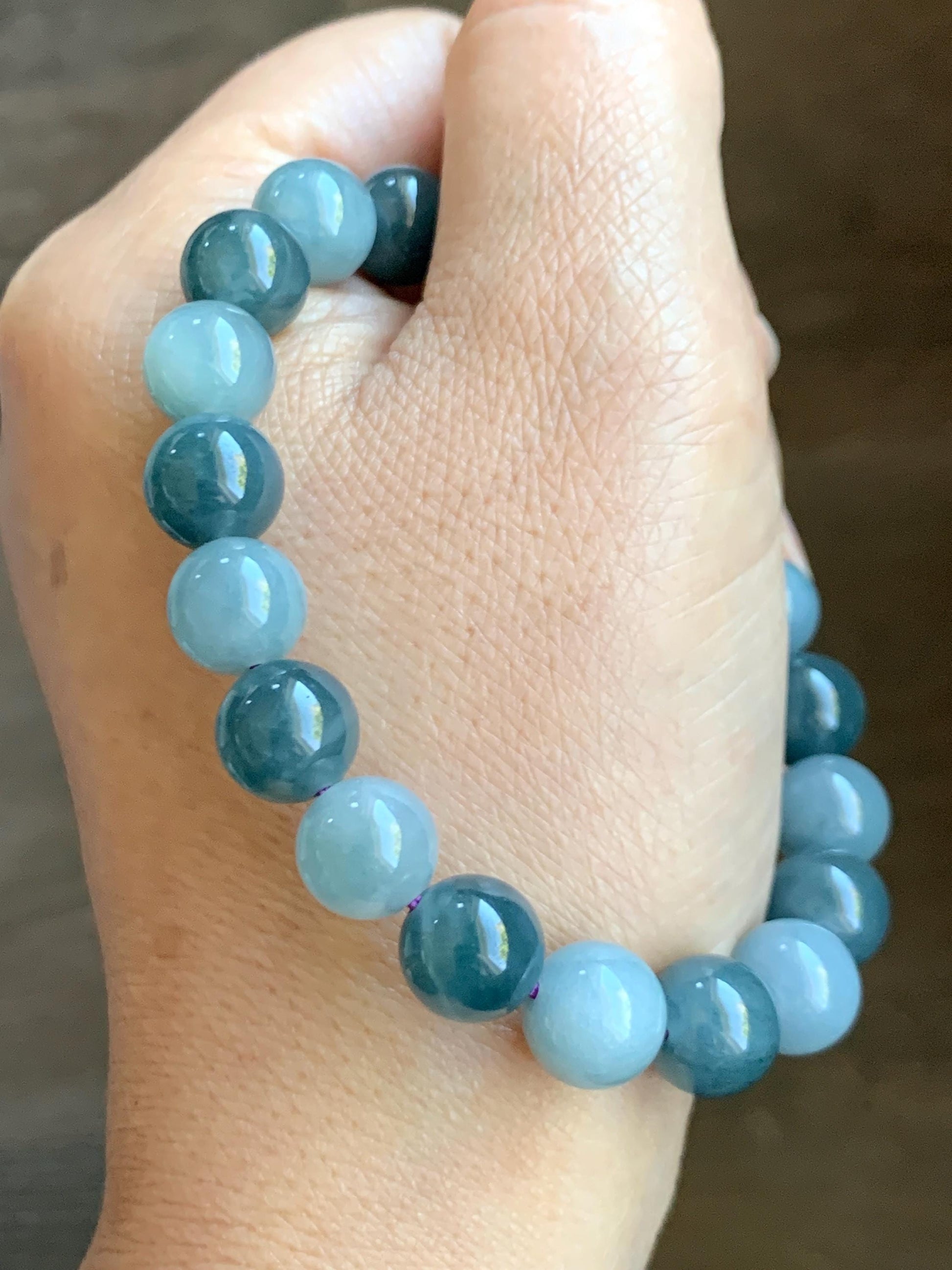Natural Grade A Guatemalan Translucent Dusty Teal Blue Multicolored Jade Jadeite Beaded Bracelet 9.6mm 7.25” 31g 天然冰危蓝水多宝翡翠手串 WLDB88