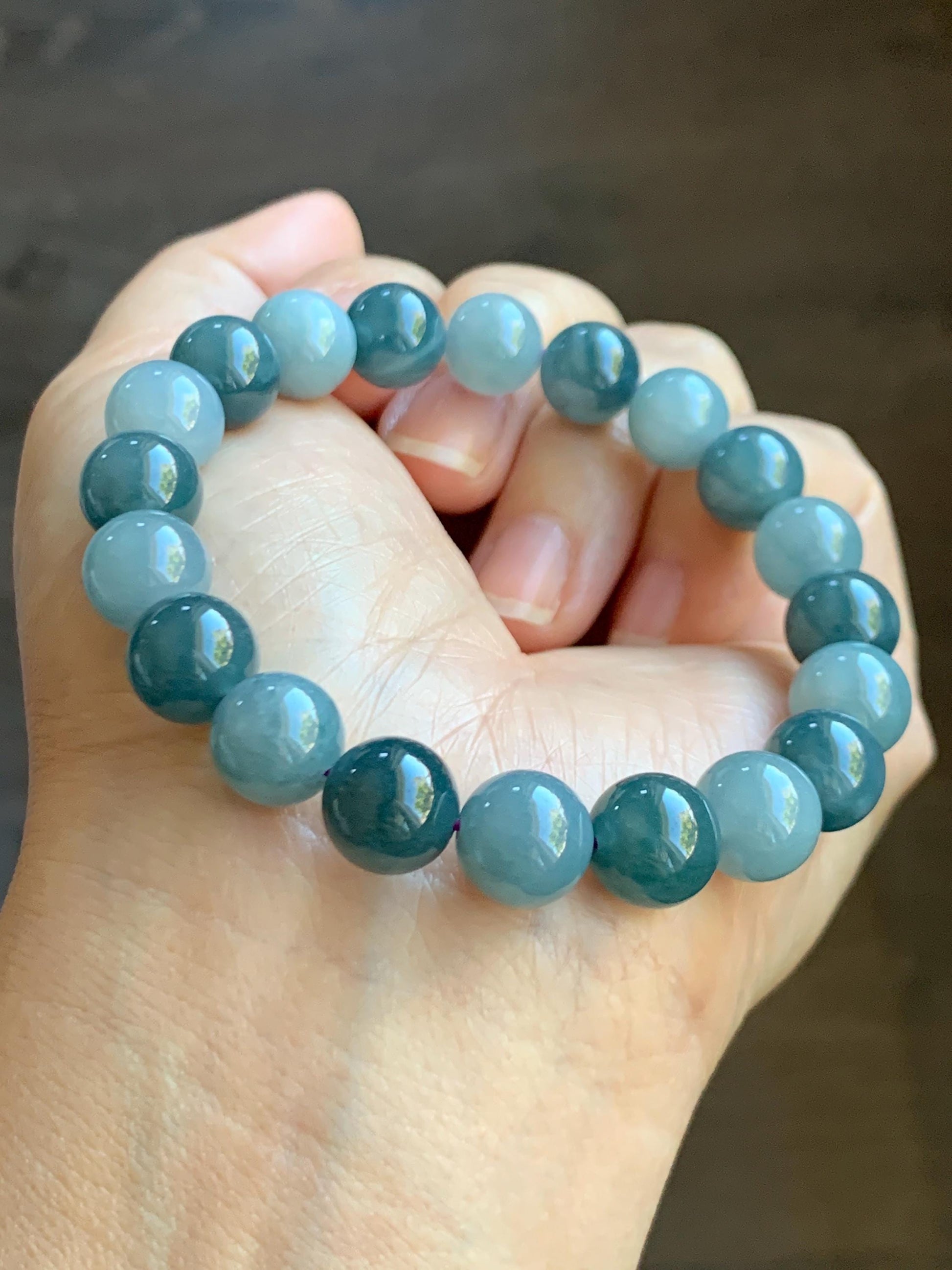 Natural Grade A Guatemalan Translucent Dusty Teal Blue Multicolored Jade Jadeite Beaded Bracelet 9.6mm 7.25” 31g 天然冰危蓝水多宝翡翠手串 WLDB88