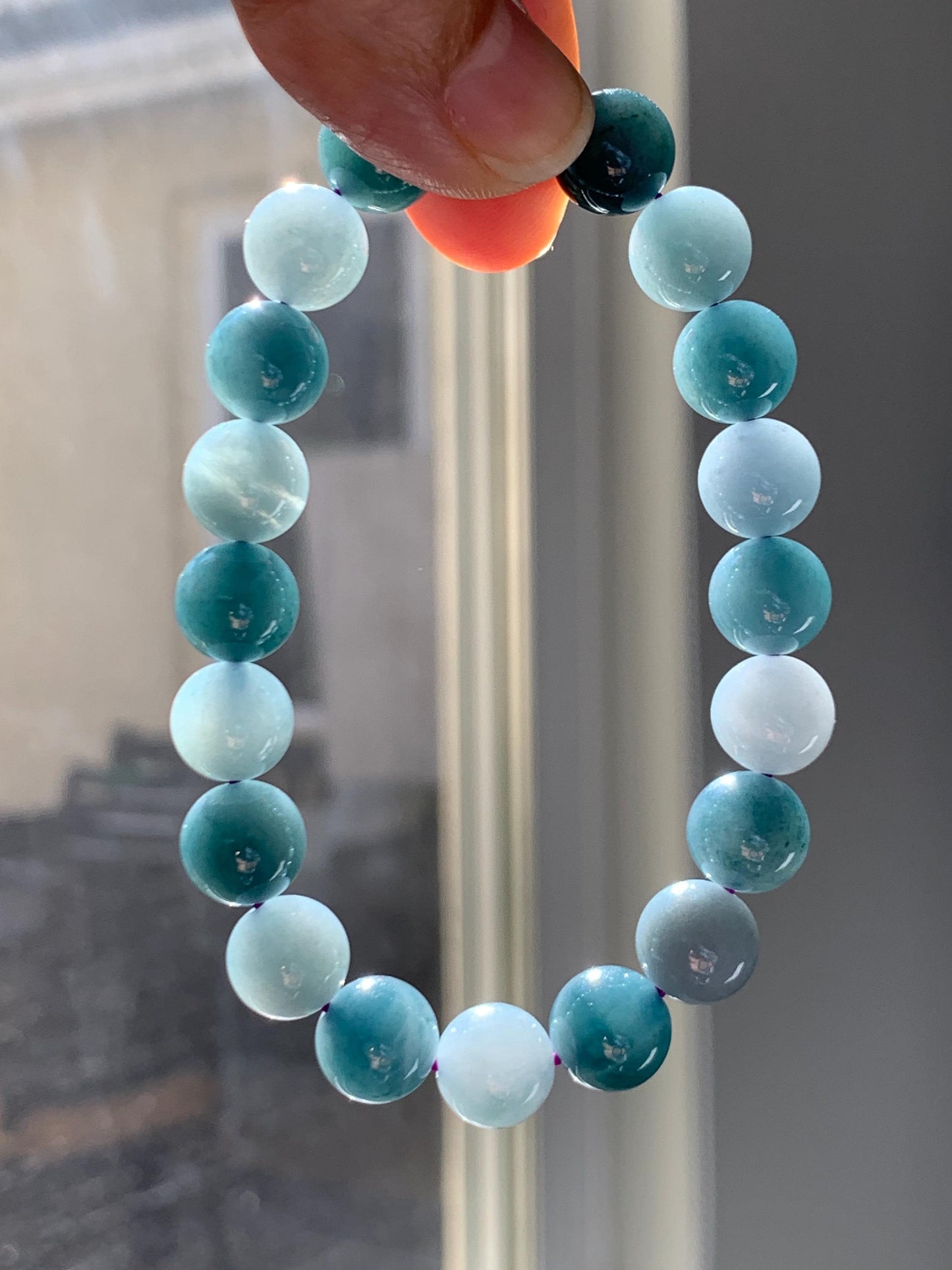 Natural Grade A Guatemalan Translucent Dusty Teal Blue Multicolored Jade Jadeite Beaded Bracelet 9.6mm 7.25” 31g 天然冰危蓝水多宝翡翠手串 WLDB88