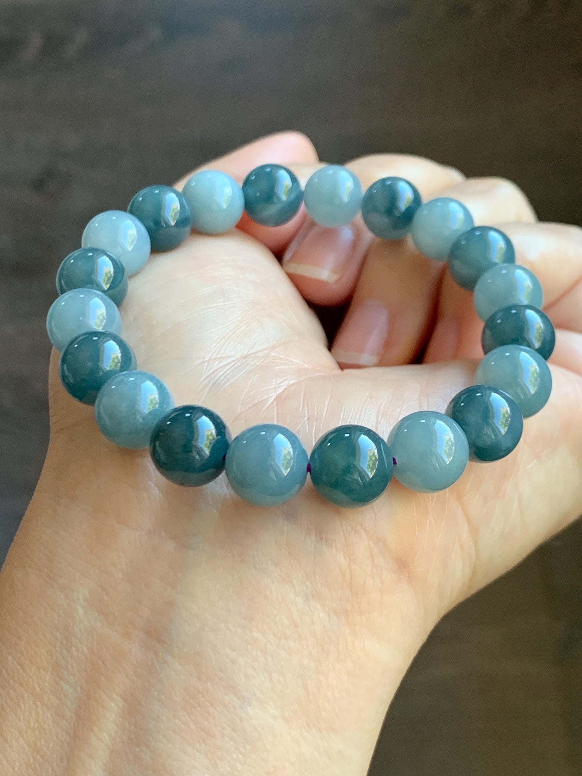 Natural Grade A Guatemalan Translucent Dusty Teal Blue Multicolored Jade Jadeite Beaded Bracelet 9.6mm 7.25” 31g 天然冰危蓝水多宝翡翠手串 WLDB88