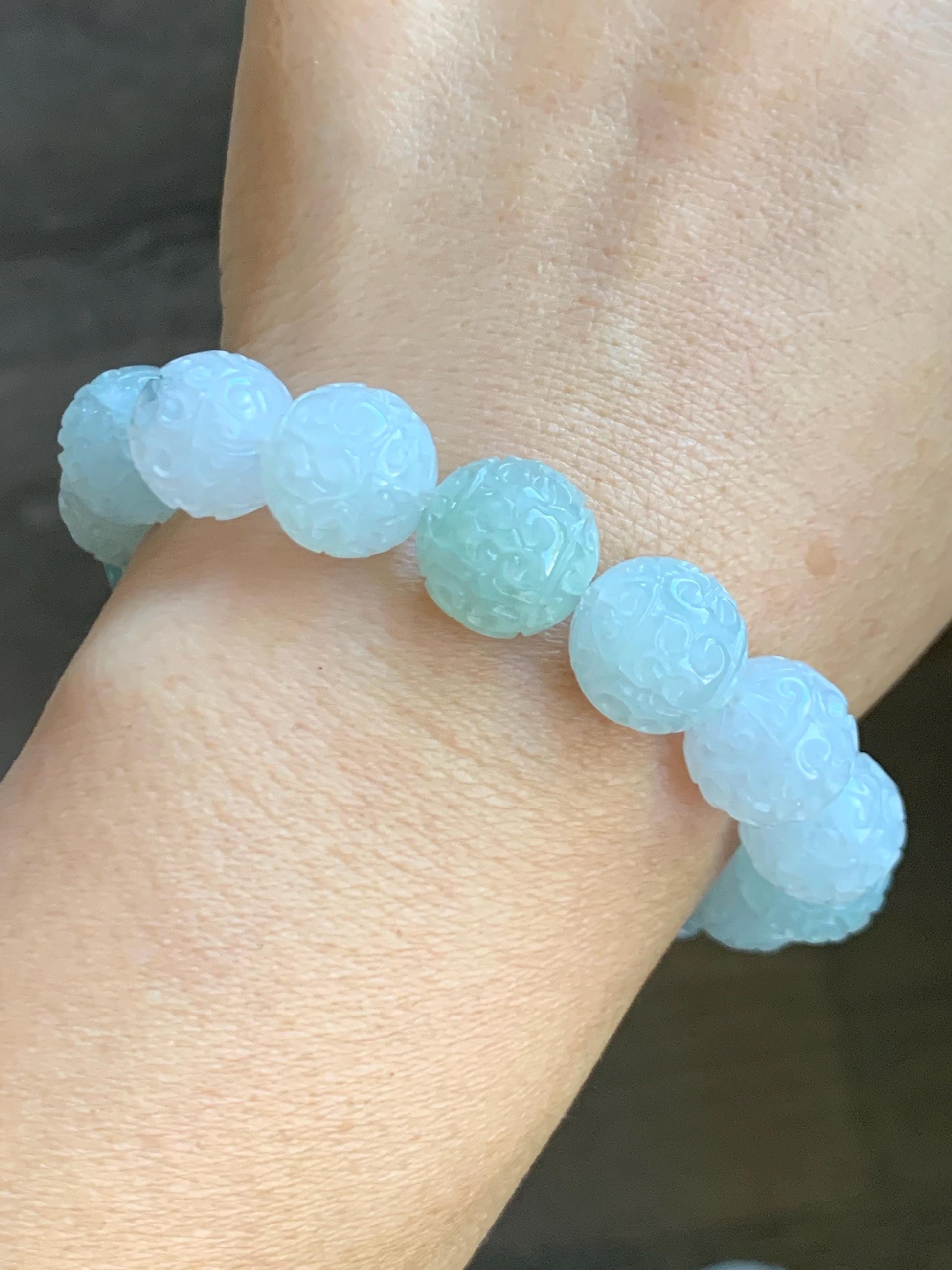 Certified Natural Grade A Icy Translucent Multicolored Pastel Jade Jadeite Engraved Beads Beaded Bracelet 12.5mm 7.25” 天然冰胶多宝翡翠仿古雕珠手串 0768