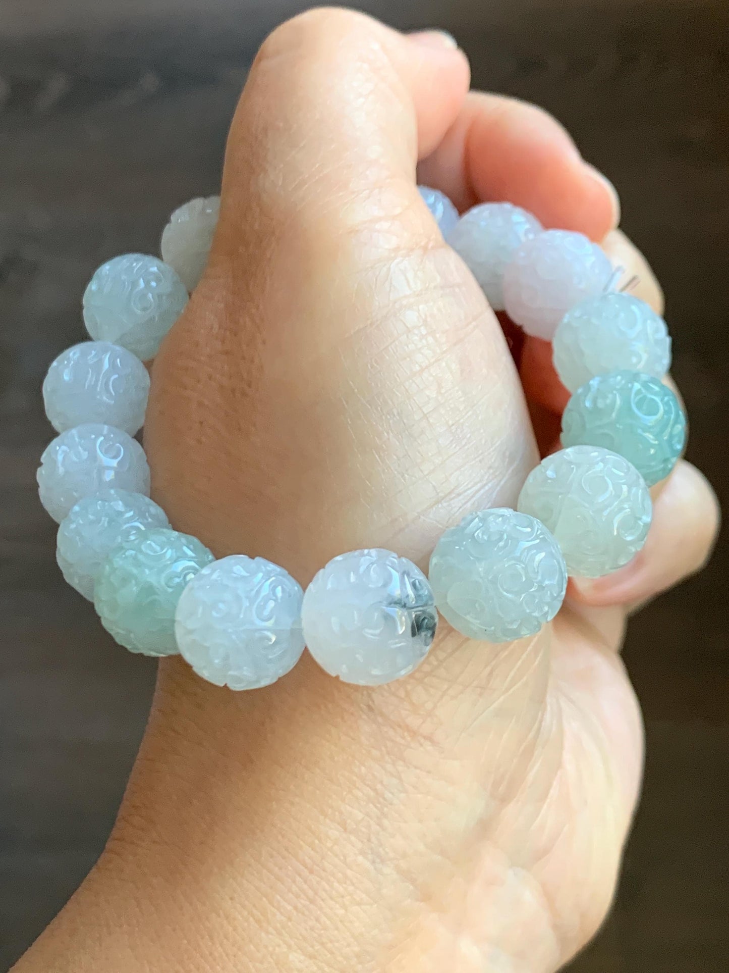 Certified Natural Grade A Icy Translucent Multicolored Pastel Jade Jadeite Engraved Beads Beaded Bracelet 12.5mm 7.25” 天然冰胶多宝翡翠仿古雕珠手串 0768